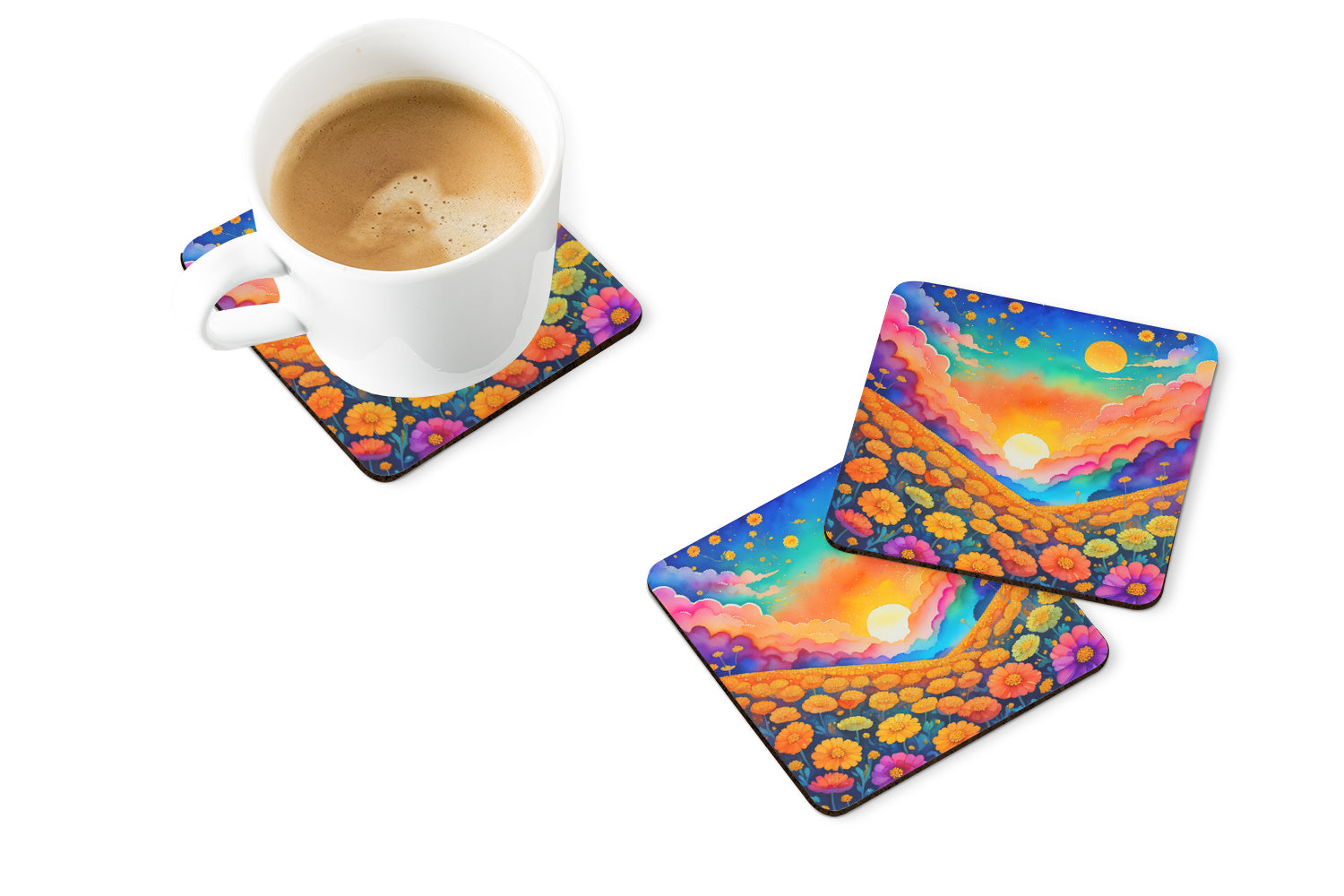 Colorful Marigolds Foam Coasters Set of 4 Cup Coasters for Indoor Outdoor, Tabletop Protection, Anti Slip, Mouse pad Material