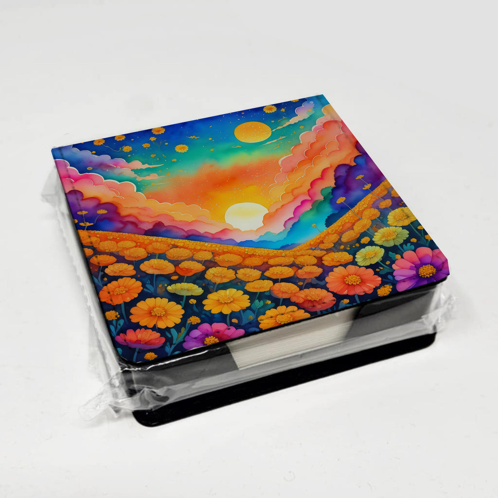 Colorful Marigolds PU Leather Note Paper Holder with Artist-Designed Cover, Desk Accessory, Office Gift