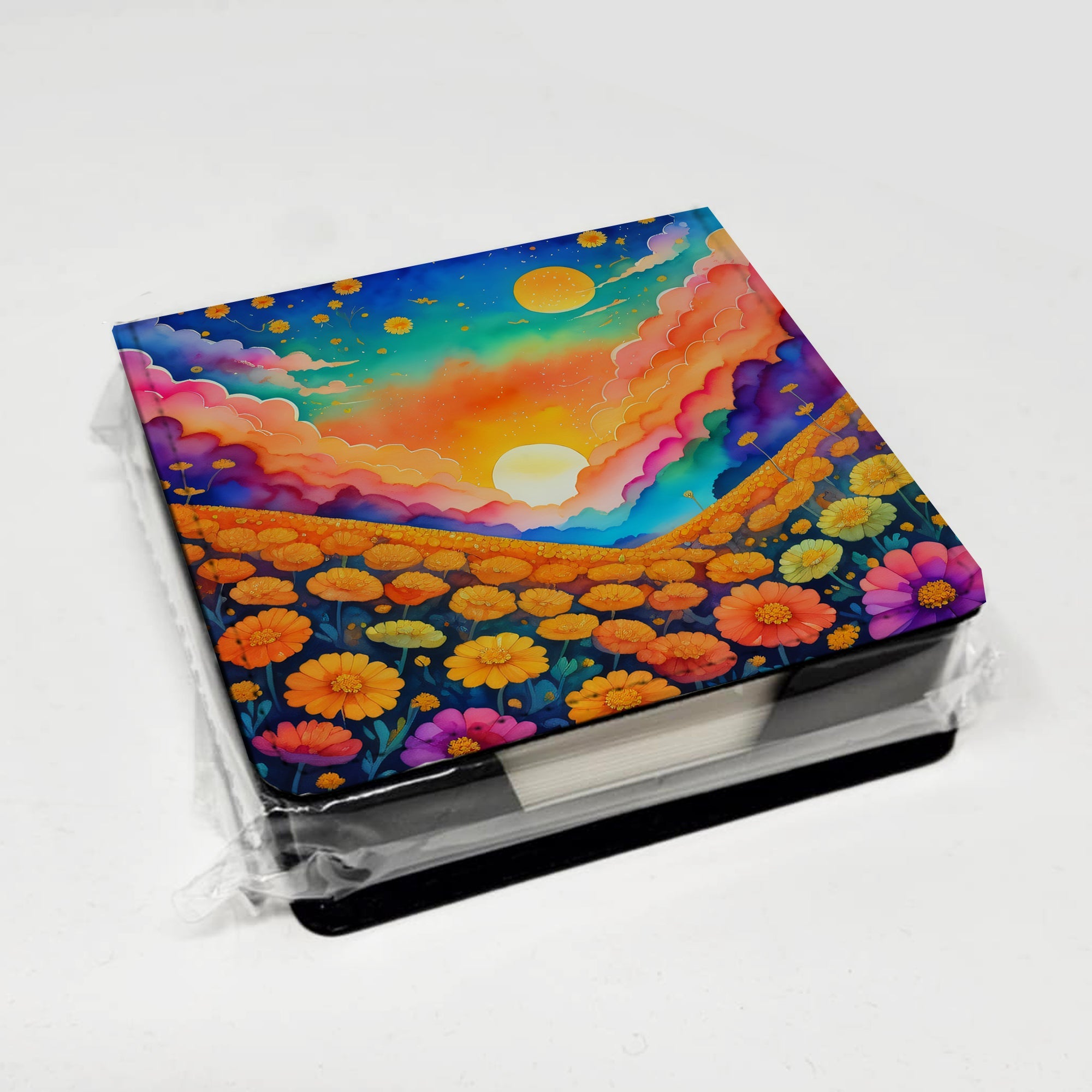 Colorful Marigolds PU Leather Note Paper Holder with Artist-Designed Cover, Desk Accessory, Office Gift