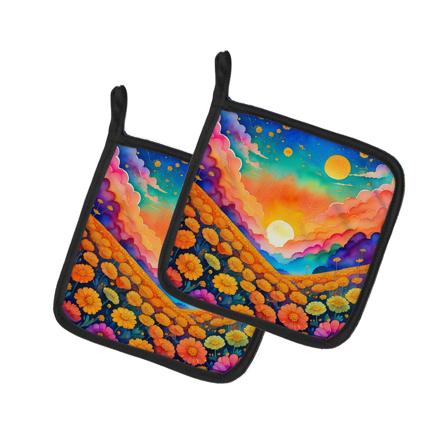 Colorful Marigolds Pot Holder Set of 2 Heat Resistant Quilted Hot Pads 7.5 x 7.5 Inch, Insulated Kitchen Trivets for Cooking & Baking
