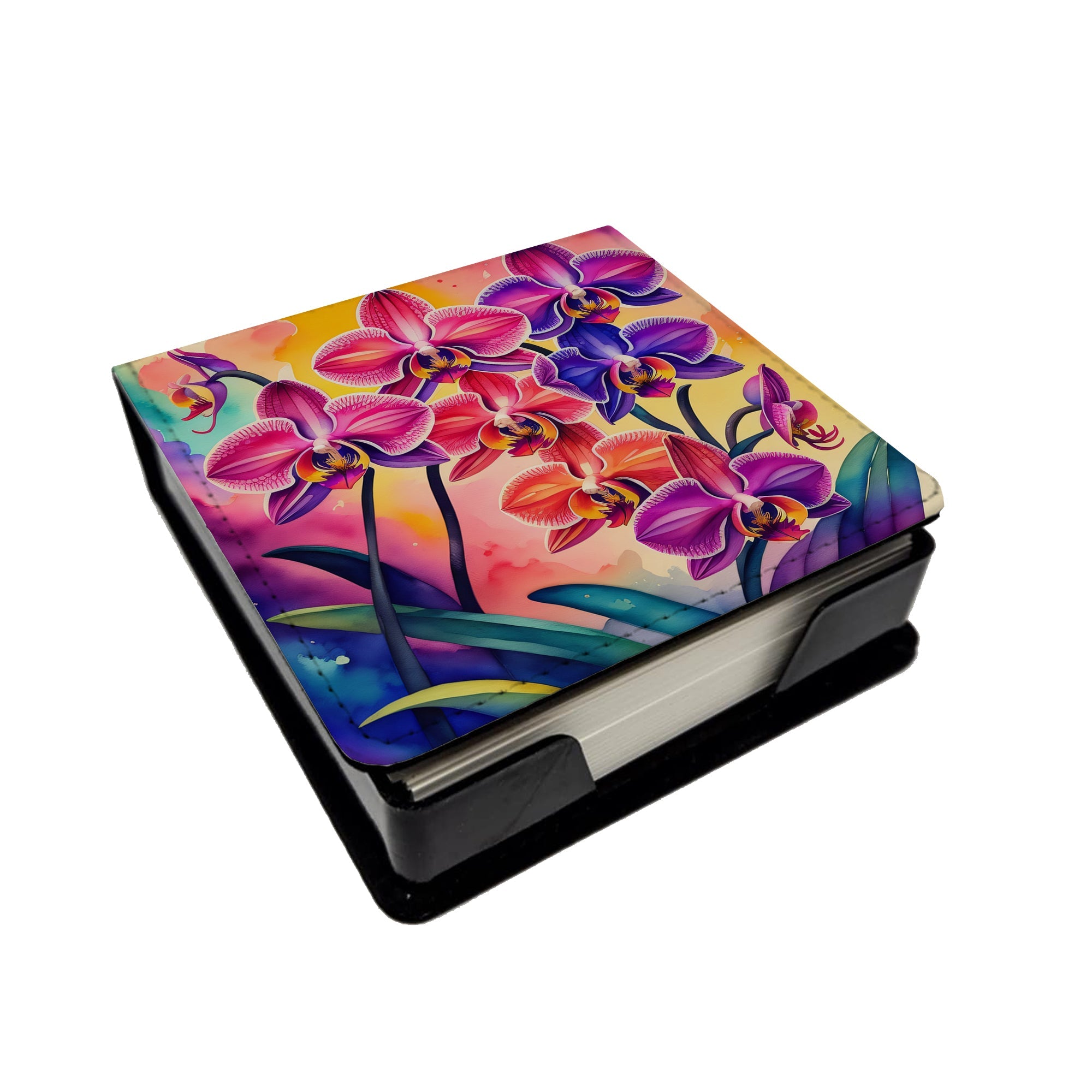 Colorful Orchids PU Leather Note Paper Holder with Artist-Designed Cover, Desk Accessory, Office Gift