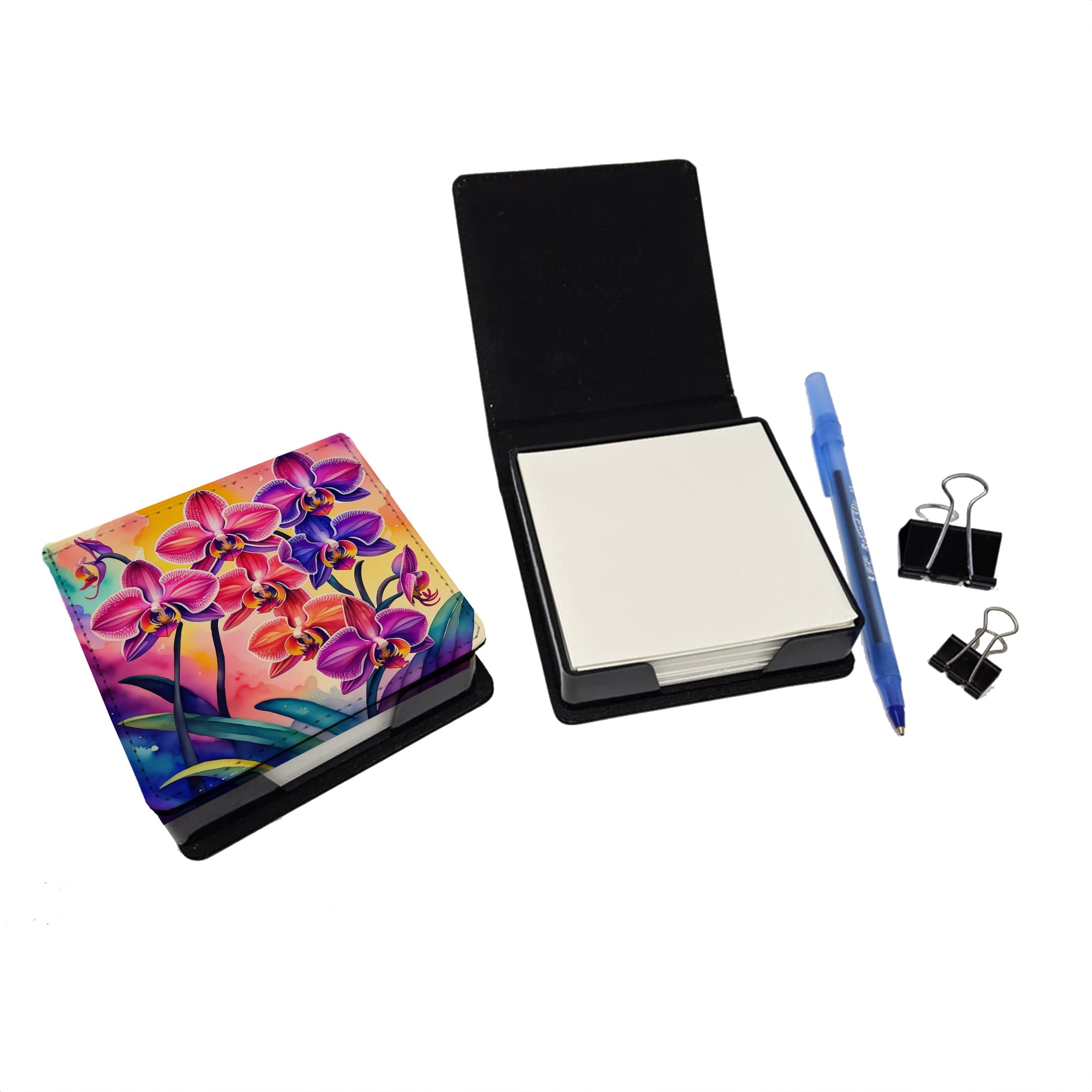 Colorful Orchids PU Leather Note Paper Holder with Artist-Designed Cover, Desk Accessory, Office Gift