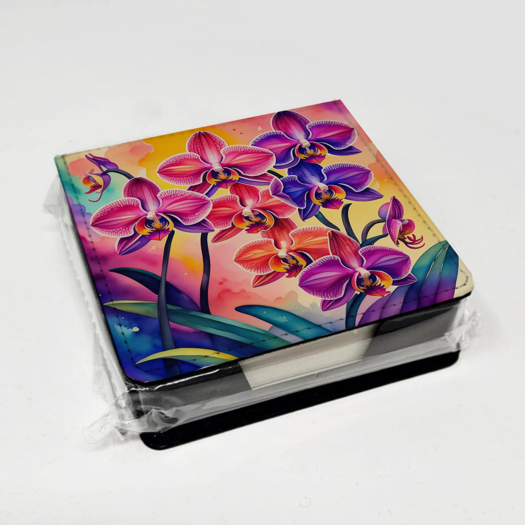 Colorful Orchids PU Leather Note Paper Holder with Artist-Designed Cover, Desk Accessory, Office Gift
