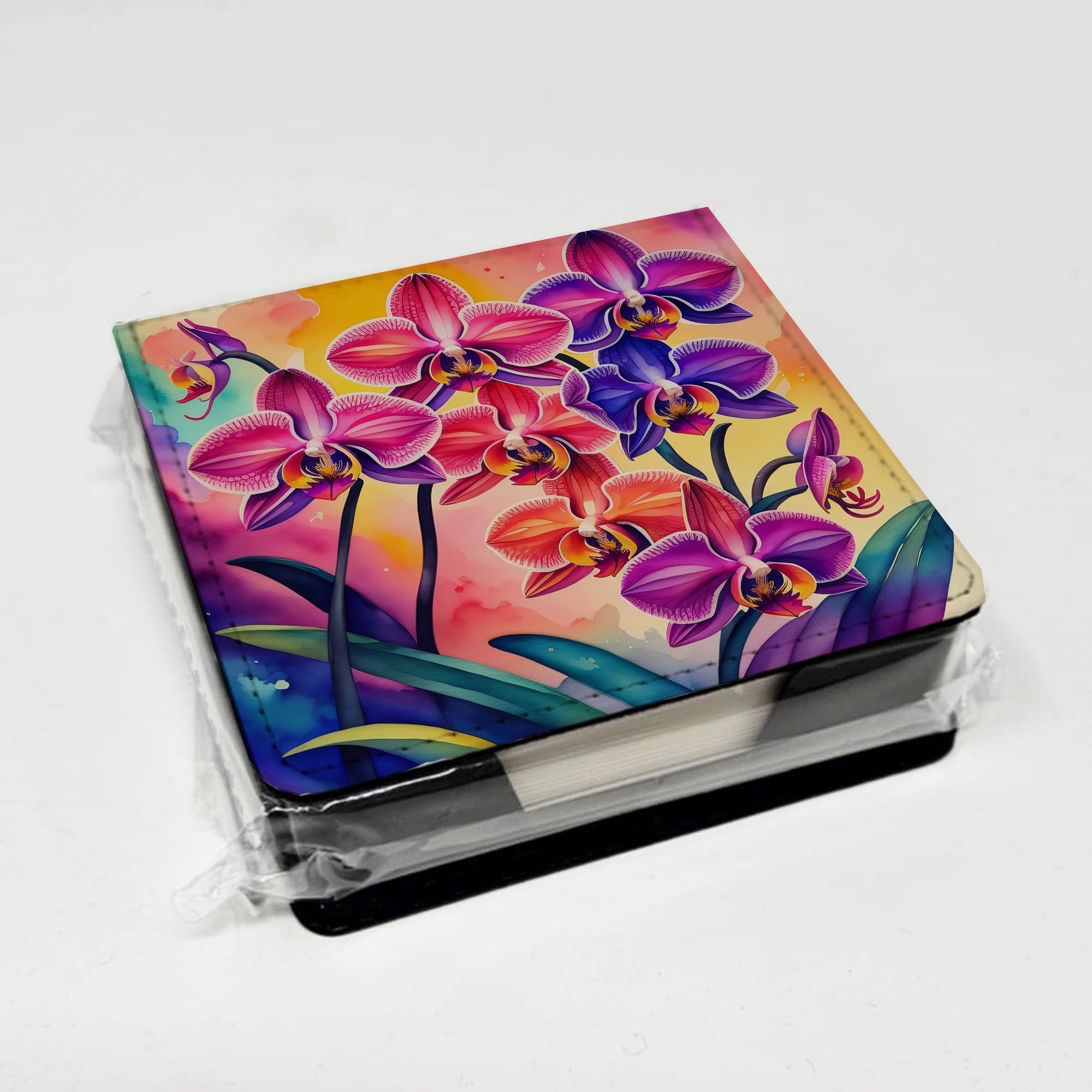 Colorful Orchids PU Leather Note Paper Holder with Artist-Designed Cover, Desk Accessory, Office Gift