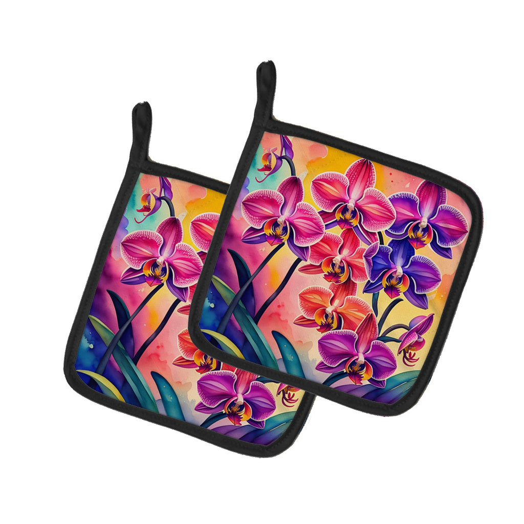 Colorful Orchids Pot Holder Set of 2 Heat Resistant Quilted Hot Pads 7.5 x 7.5 Inch, Insulated Kitchen Trivets for Cooking & Baking
