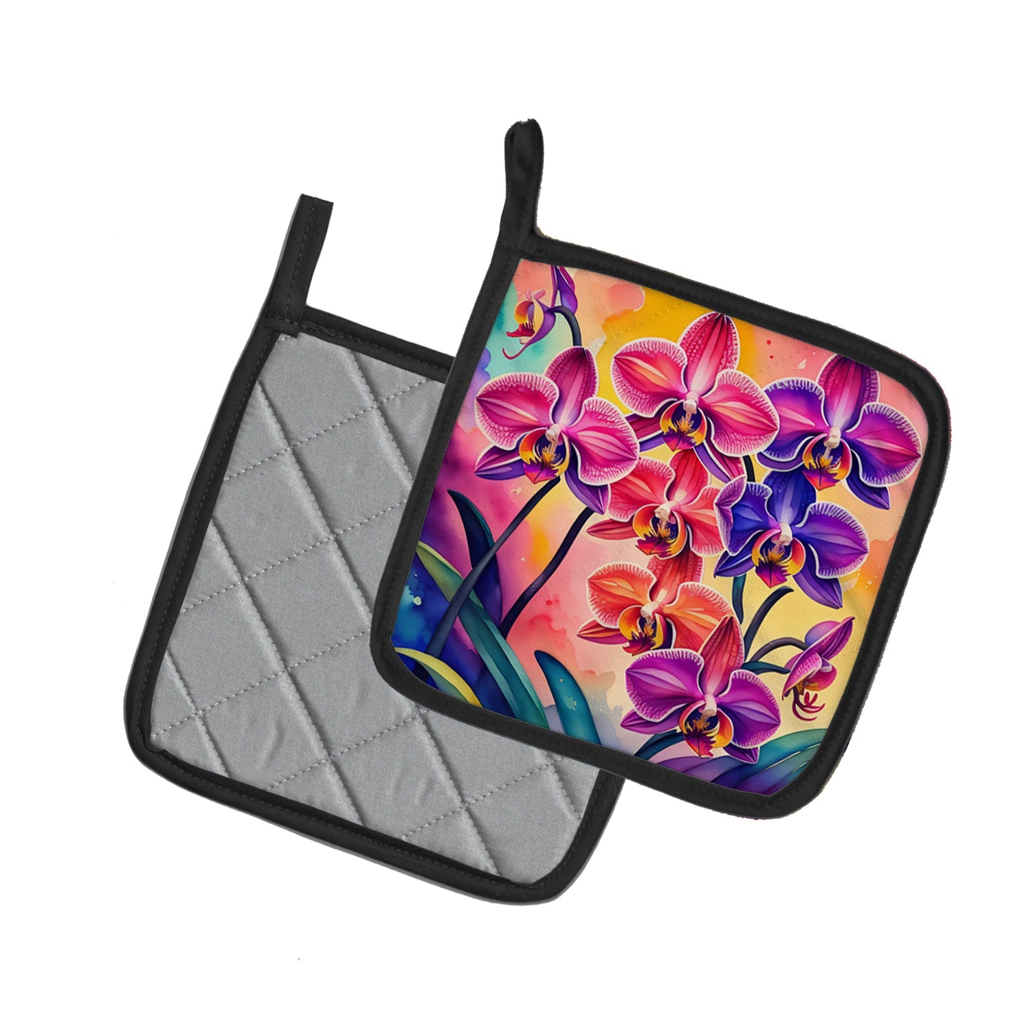 Colorful Orchids Pot Holder Set of 2 Heat Resistant Quilted Hot Pads 7.5 x 7.5 Inch, Insulated Kitchen Trivets for Cooking & Baking