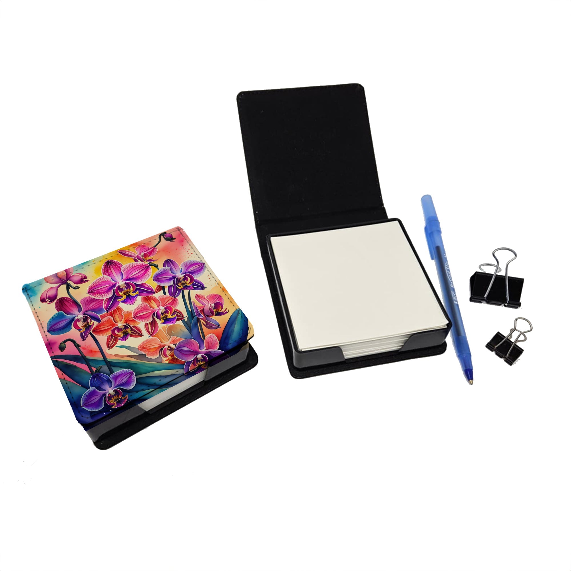Colorful Orchids PU Leather Note Paper Holder with Artist-Designed Cover, Desk Accessory, Office Gift