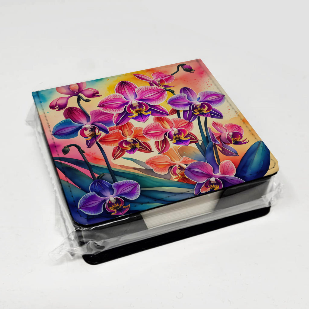 Colorful Orchids PU Leather Note Paper Holder with Artist-Designed Cover, Desk Accessory, Office Gift