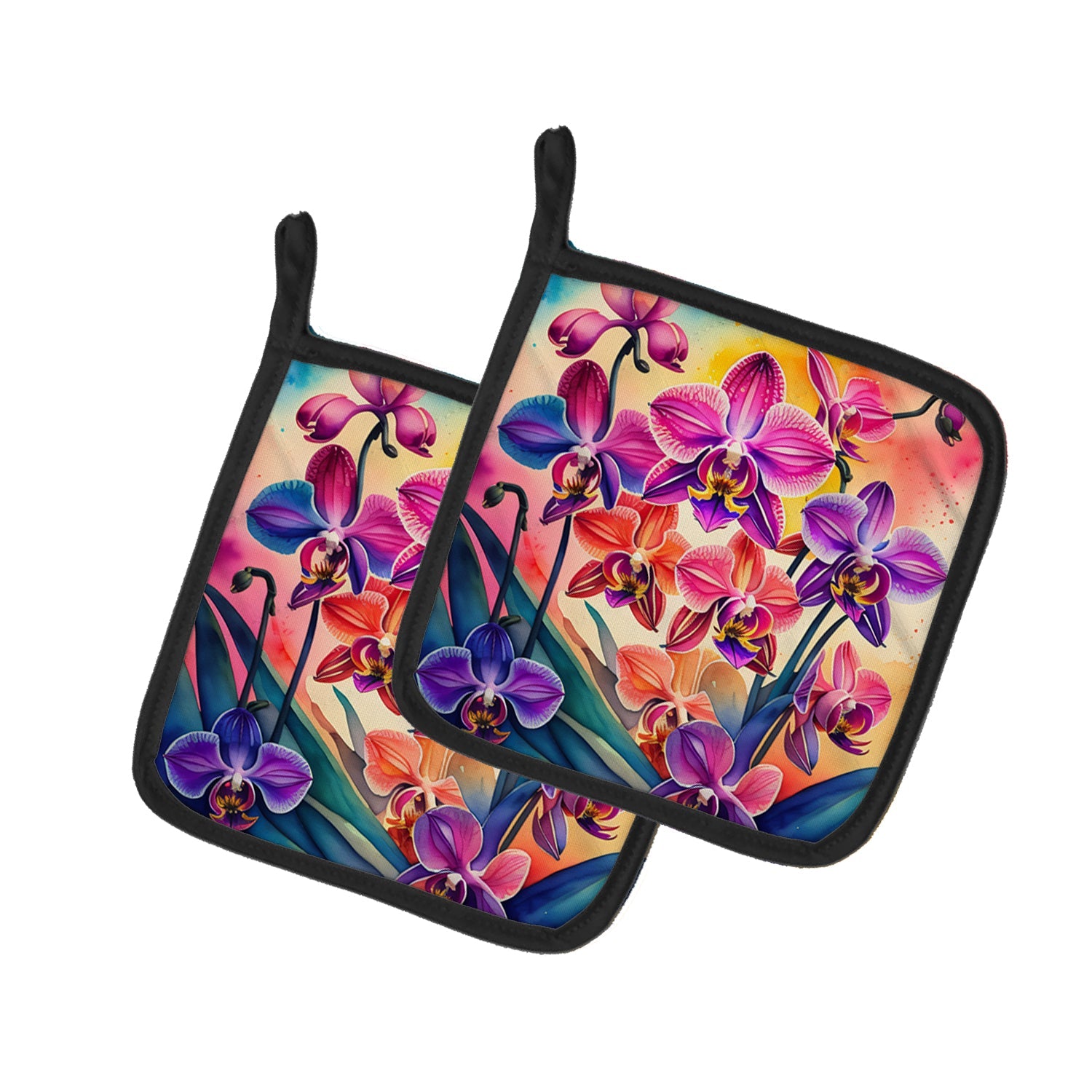 Colorful Orchids Pot Holder Set of 2 Heat Resistant Quilted Hot Pads 7.5 x 7.5 Inch, Insulated Kitchen Trivets for Cooking & Baking