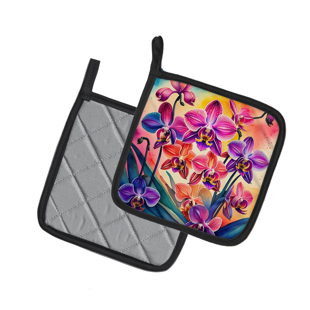 Colorful Orchids Pot Holder Set of 2 Heat Resistant Quilted Hot Pads 7.5 x 7.5 Inch, Insulated Kitchen Trivets for Cooking & Baking