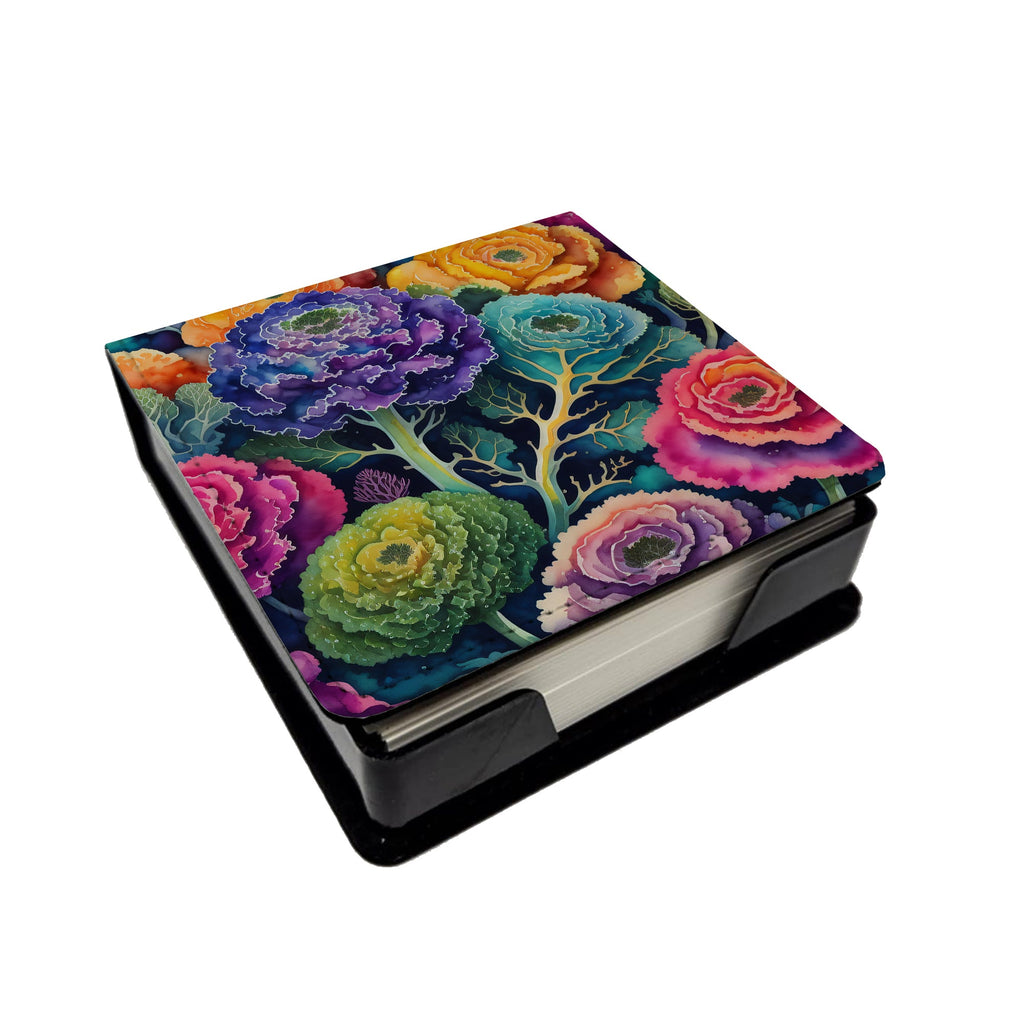 Colorful Ornamental Kale PU Leather Note Paper Holder with Artist-Designed Cover, Desk Accessory, Office Gift