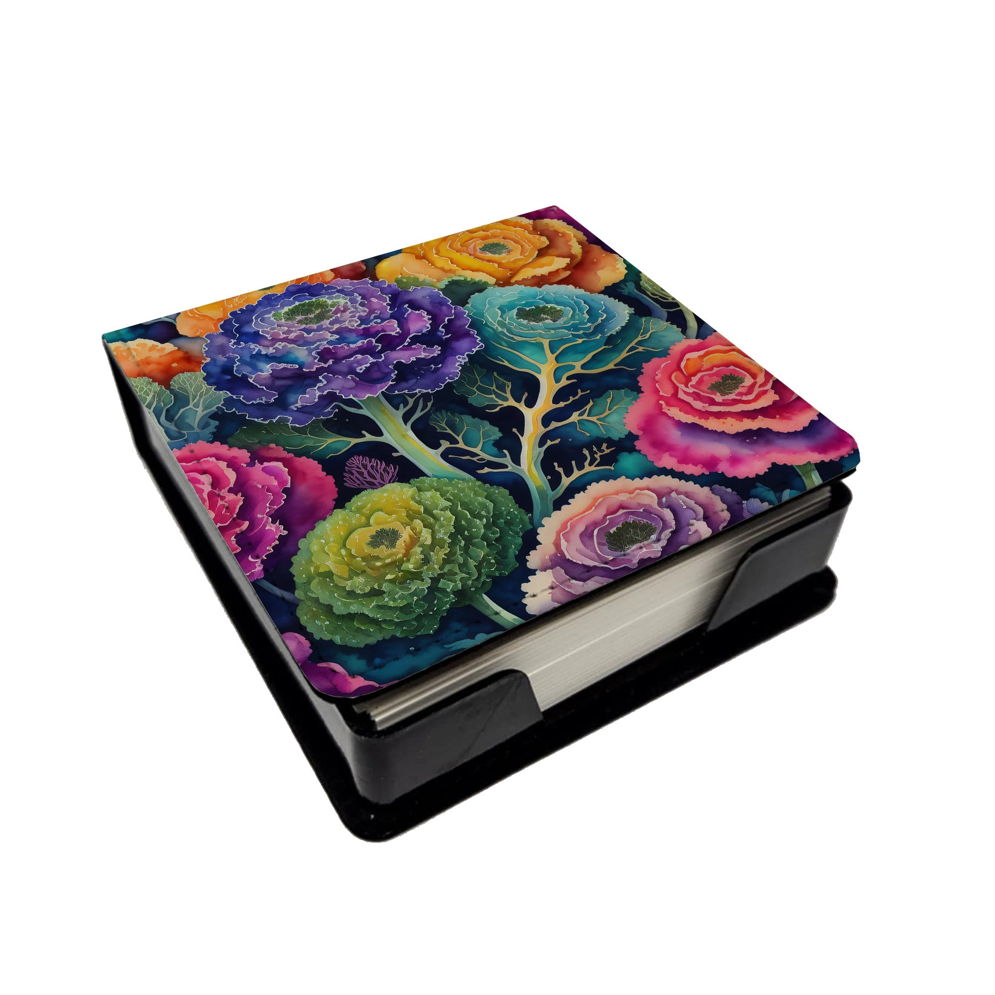 Colorful Ornamental Kale PU Leather Note Paper Holder with Artist-Designed Cover, Desk Accessory, Office Gift