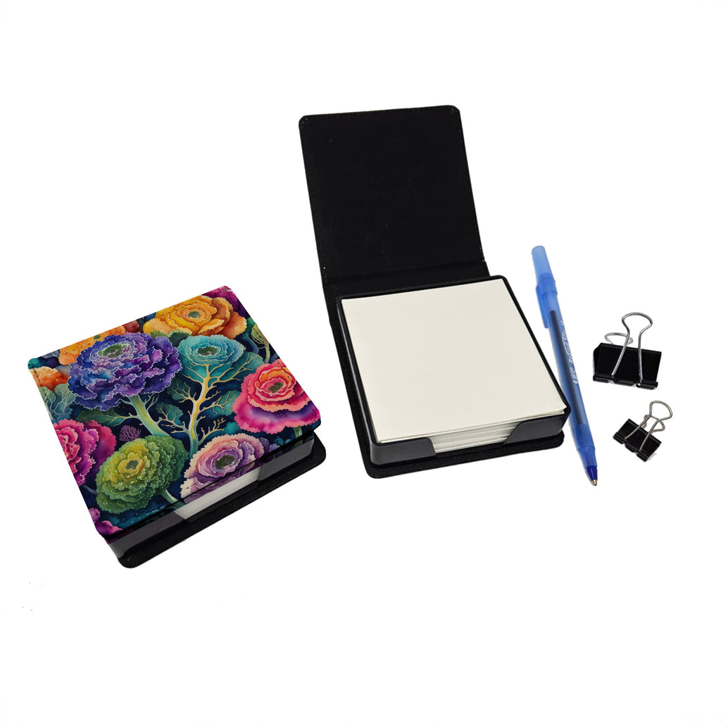 Colorful Ornamental Kale PU Leather Note Paper Holder with Artist-Designed Cover, Desk Accessory, Office Gift