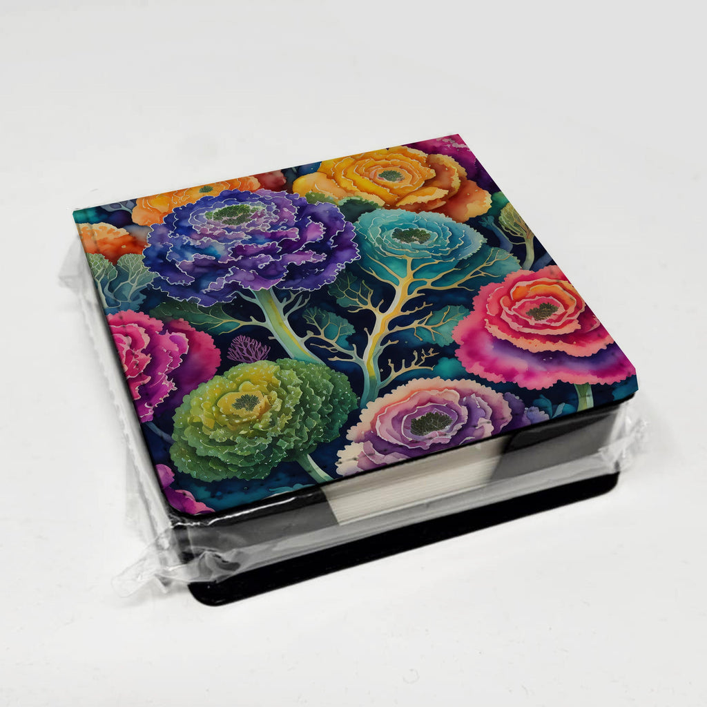 Colorful Ornamental Kale PU Leather Note Paper Holder with Artist-Designed Cover, Desk Accessory, Office Gift