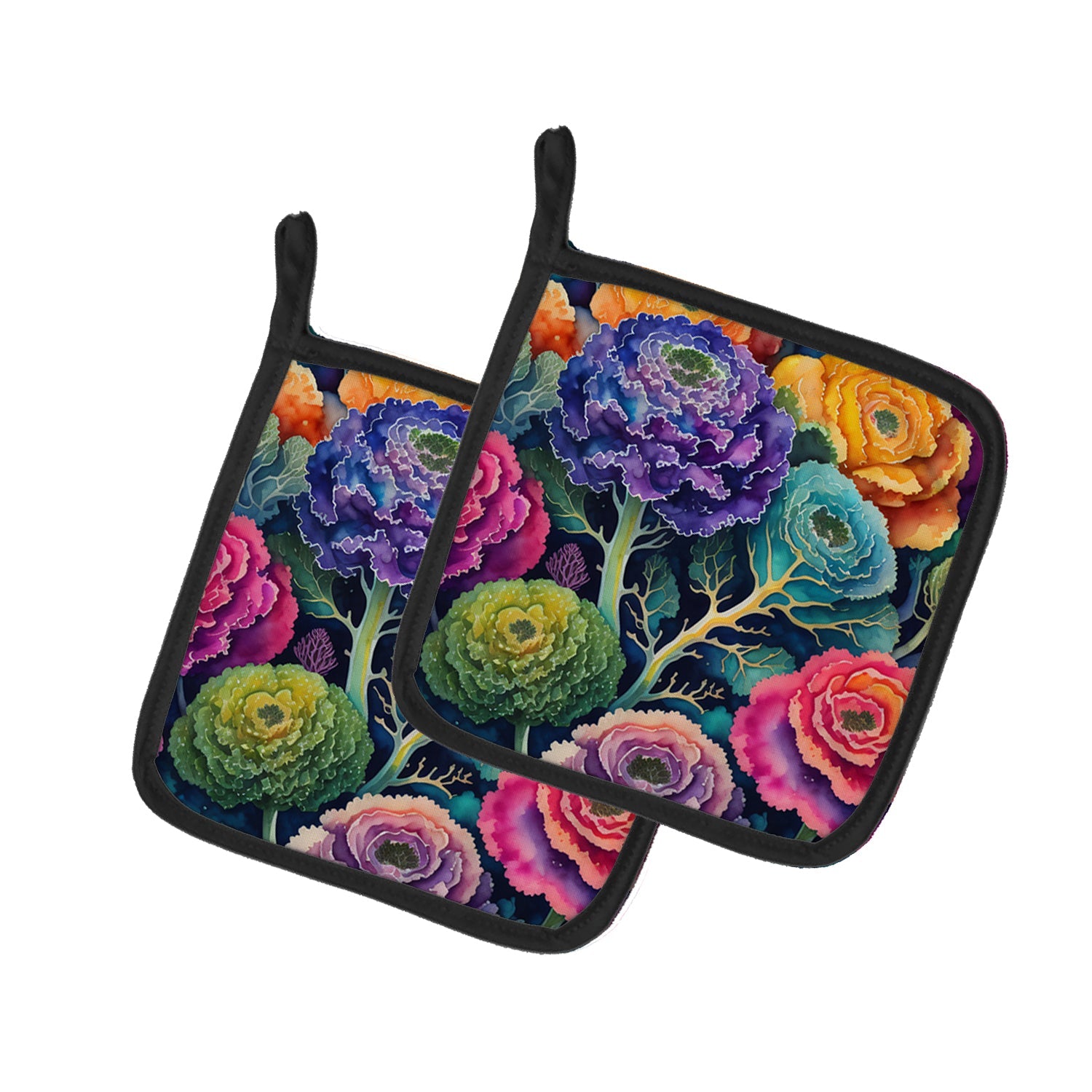 Colorful Ornamental Kale Pot Holder Set of 2 Heat Resistant Quilted Hot Pads 7.5 x 7.5 Inch, Insulated Kitchen Trivets for Cooking & Baking
