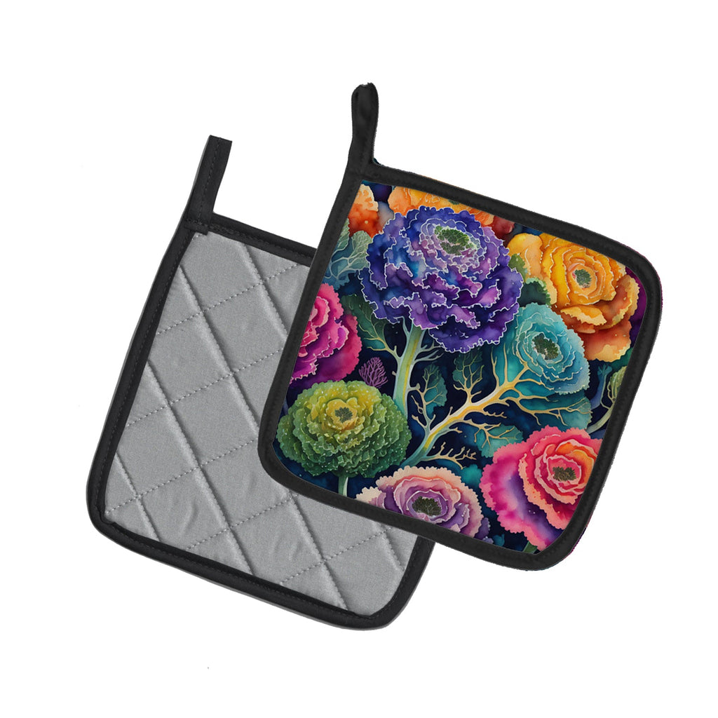 Colorful Ornamental Kale Pot Holder Set of 2 Heat Resistant Quilted Hot Pads 7.5 x 7.5 Inch, Insulated Kitchen Trivets for Cooking & Baking