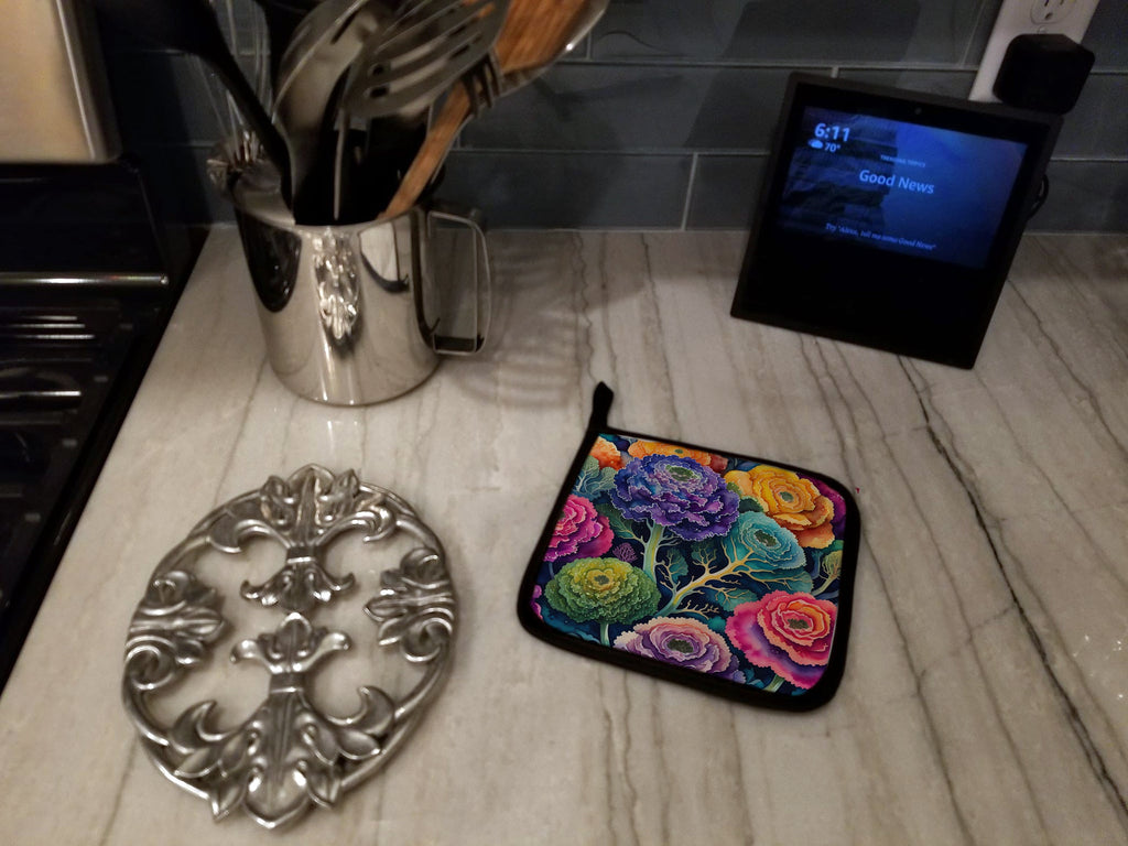 Colorful Ornamental Kale Pot Holder Set of 2 Heat Resistant Quilted Hot Pads 7.5 x 7.5 Inch, Insulated Kitchen Trivets for Cooking & Baking
