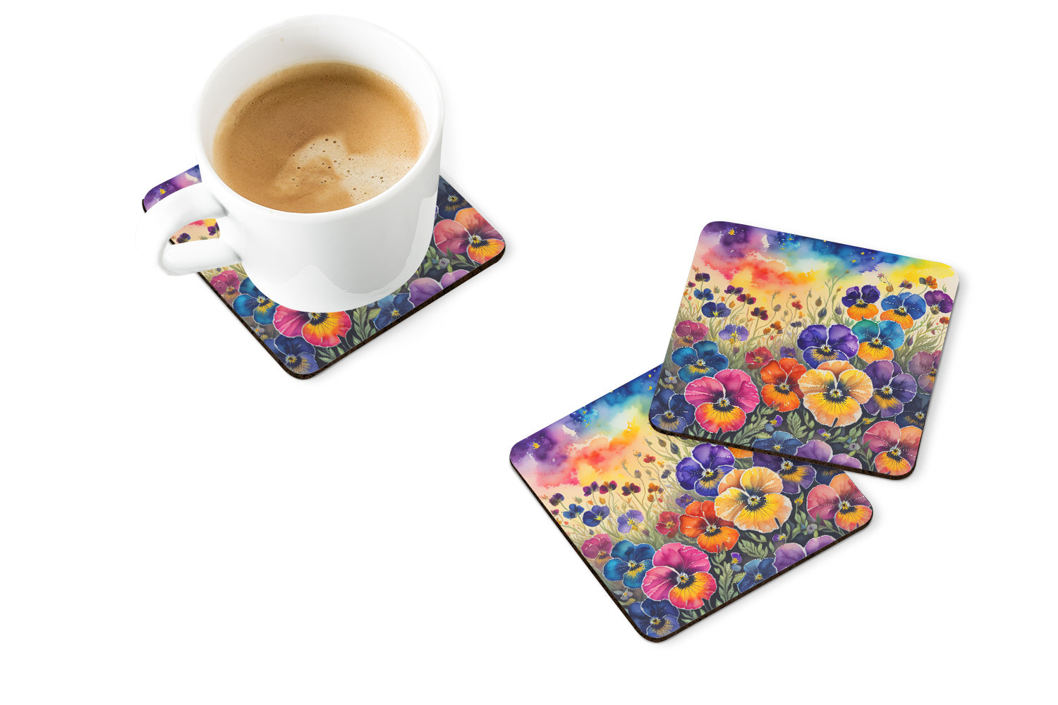 Colorful Pansies Foam Coasters Set of 4 Cup Coasters for Indoor Outdoor, Tabletop Protection, Anti Slip, Mouse pad Material