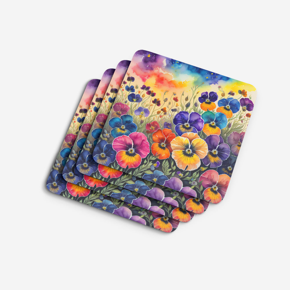 Colorful Pansies Foam Coasters Set of 4 Cup Coasters for Indoor Outdoor, Tabletop Protection, Anti Slip, Mouse pad Material