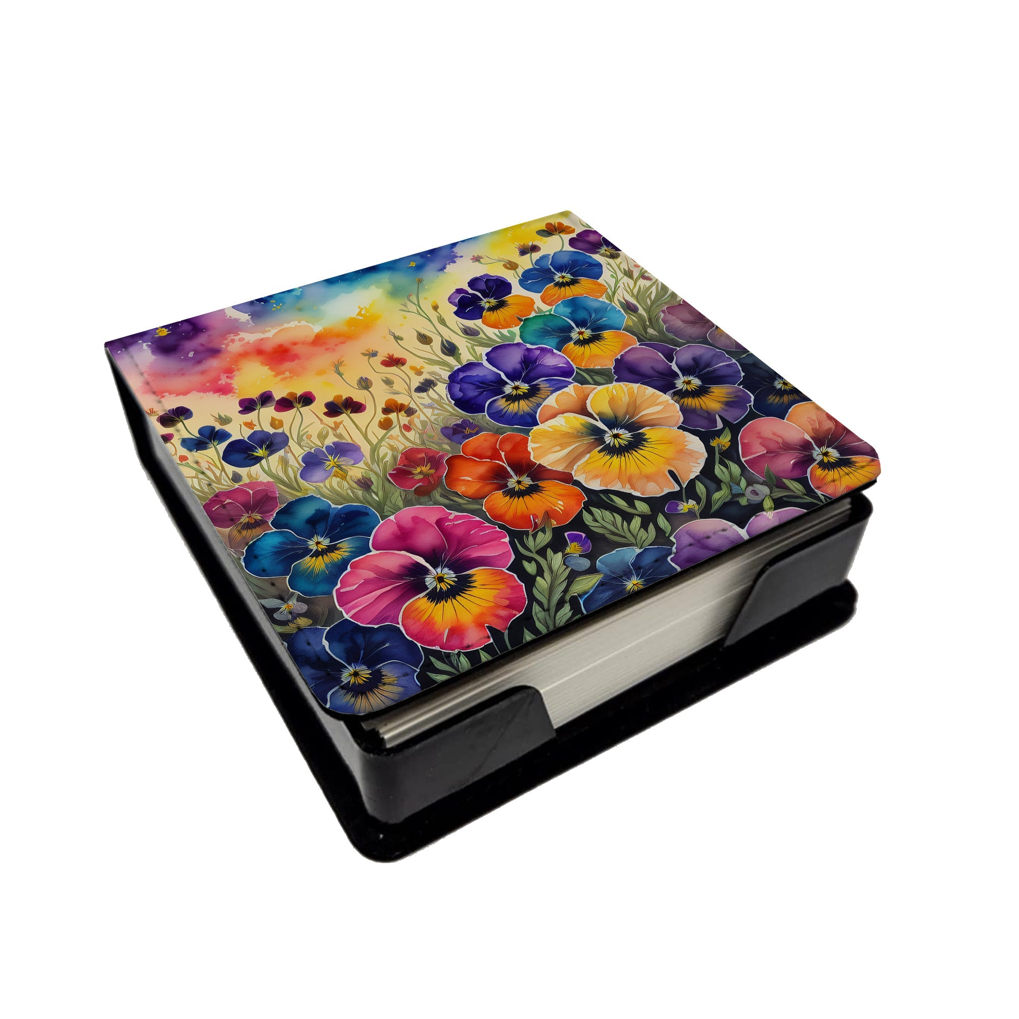 Colorful Pansies PU Leather Note Paper Holder with Artist-Designed Cover, Desk Accessory, Office Gift