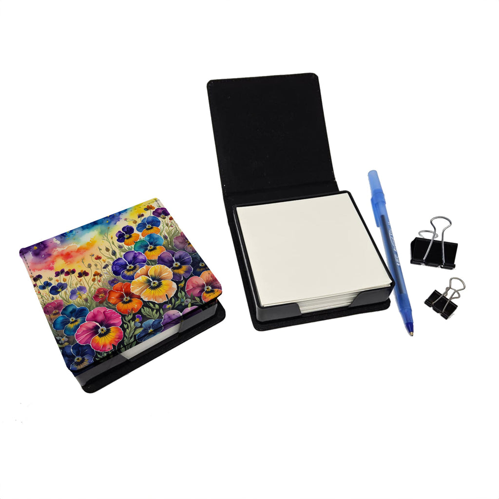 Colorful Pansies PU Leather Note Paper Holder with Artist-Designed Cover, Desk Accessory, Office Gift
