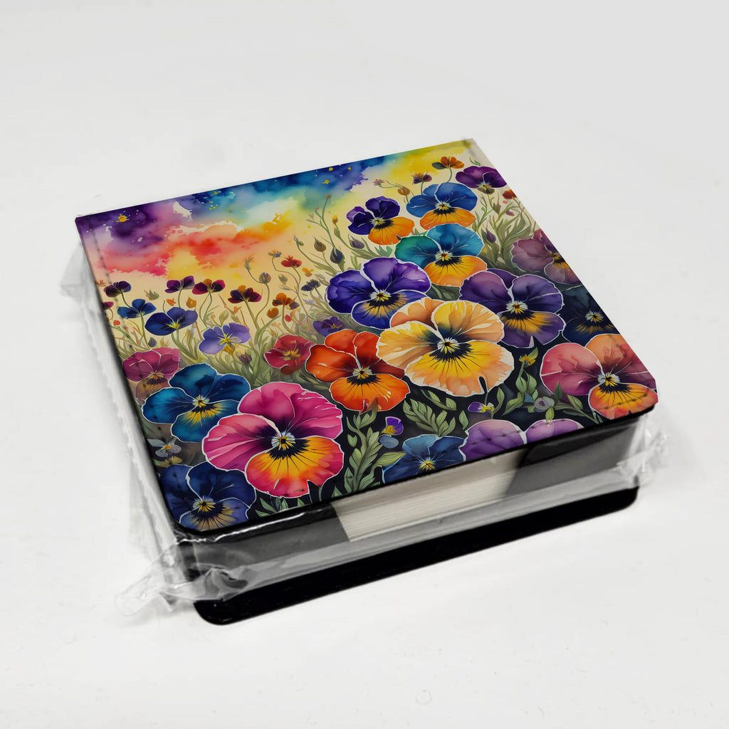 Colorful Pansies PU Leather Note Paper Holder with Artist-Designed Cover, Desk Accessory, Office Gift