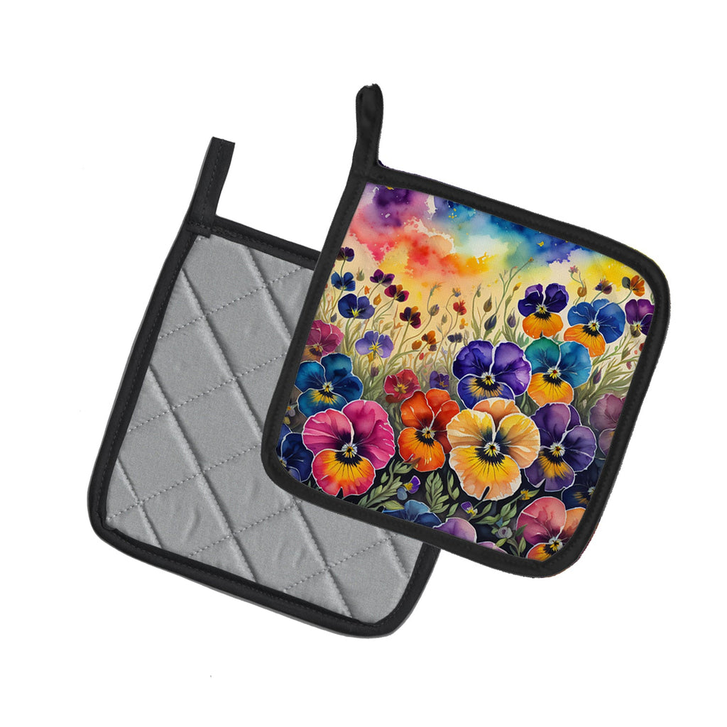 Colorful Pansies Pot Holder Set of 2 Heat Resistant Quilted Hot Pads 7.5 x 7.5 Inch, Insulated Kitchen Trivets for Cooking & Baking