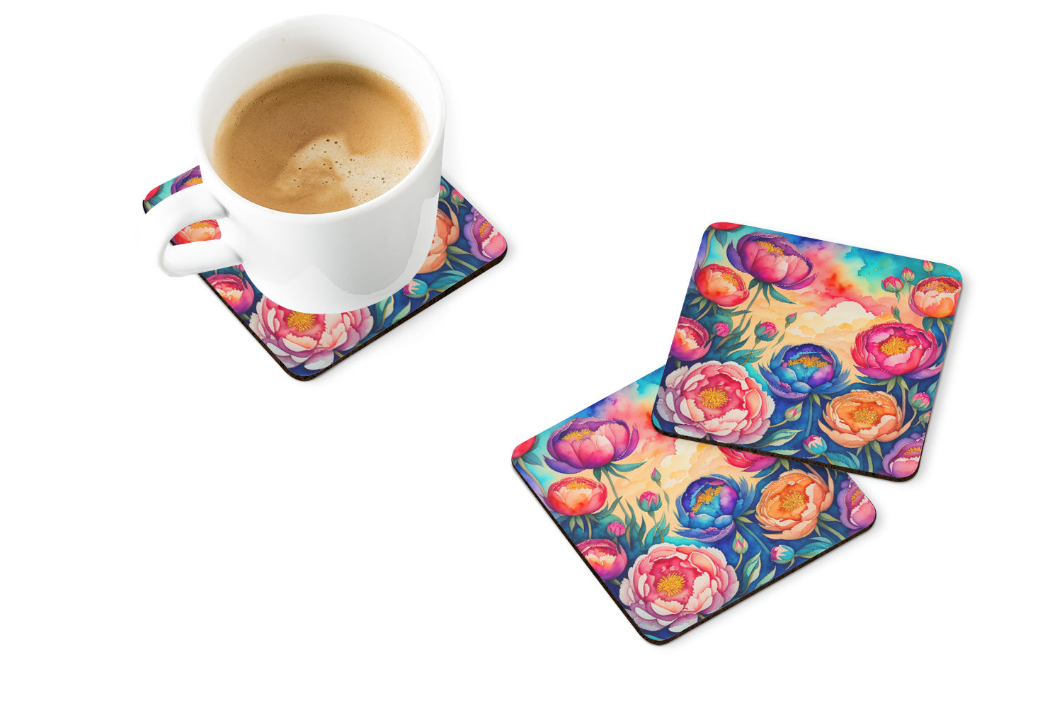 Colorful Peonies Foam Coasters Set of 4 Cup Coasters for Indoor Outdoor, Tabletop Protection, Anti Slip, Mouse pad Material