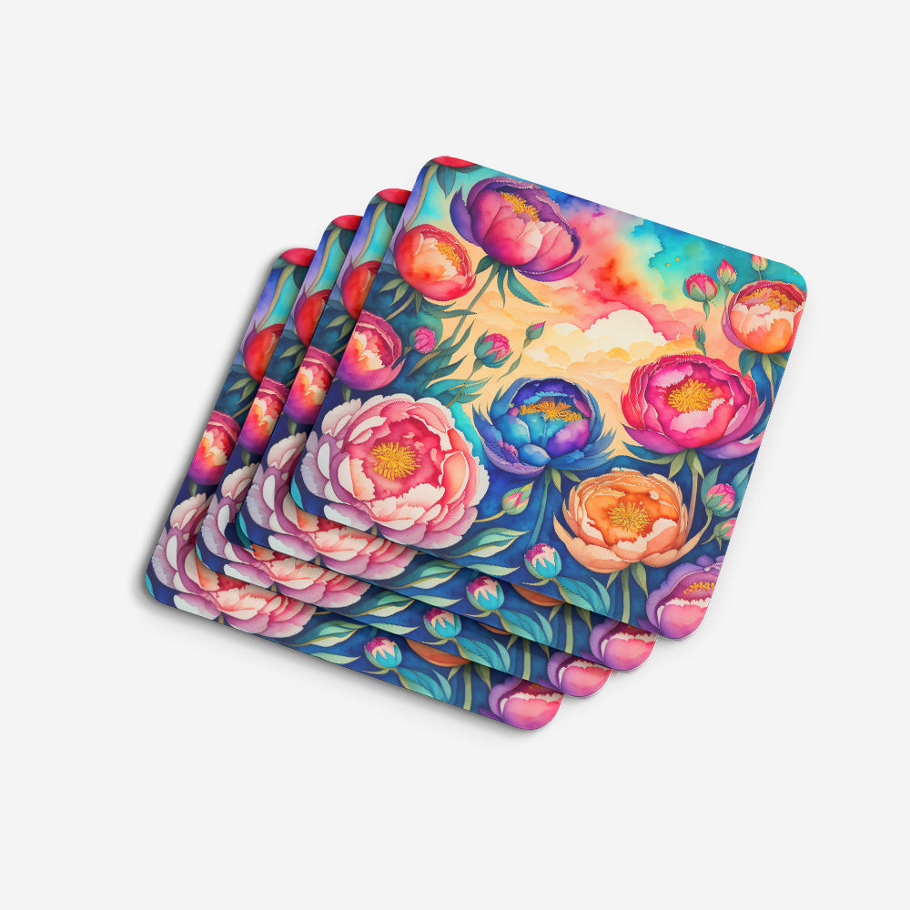 Colorful Peonies Foam Coasters Set of 4 Cup Coasters for Indoor Outdoor, Tabletop Protection, Anti Slip, Mouse pad Material