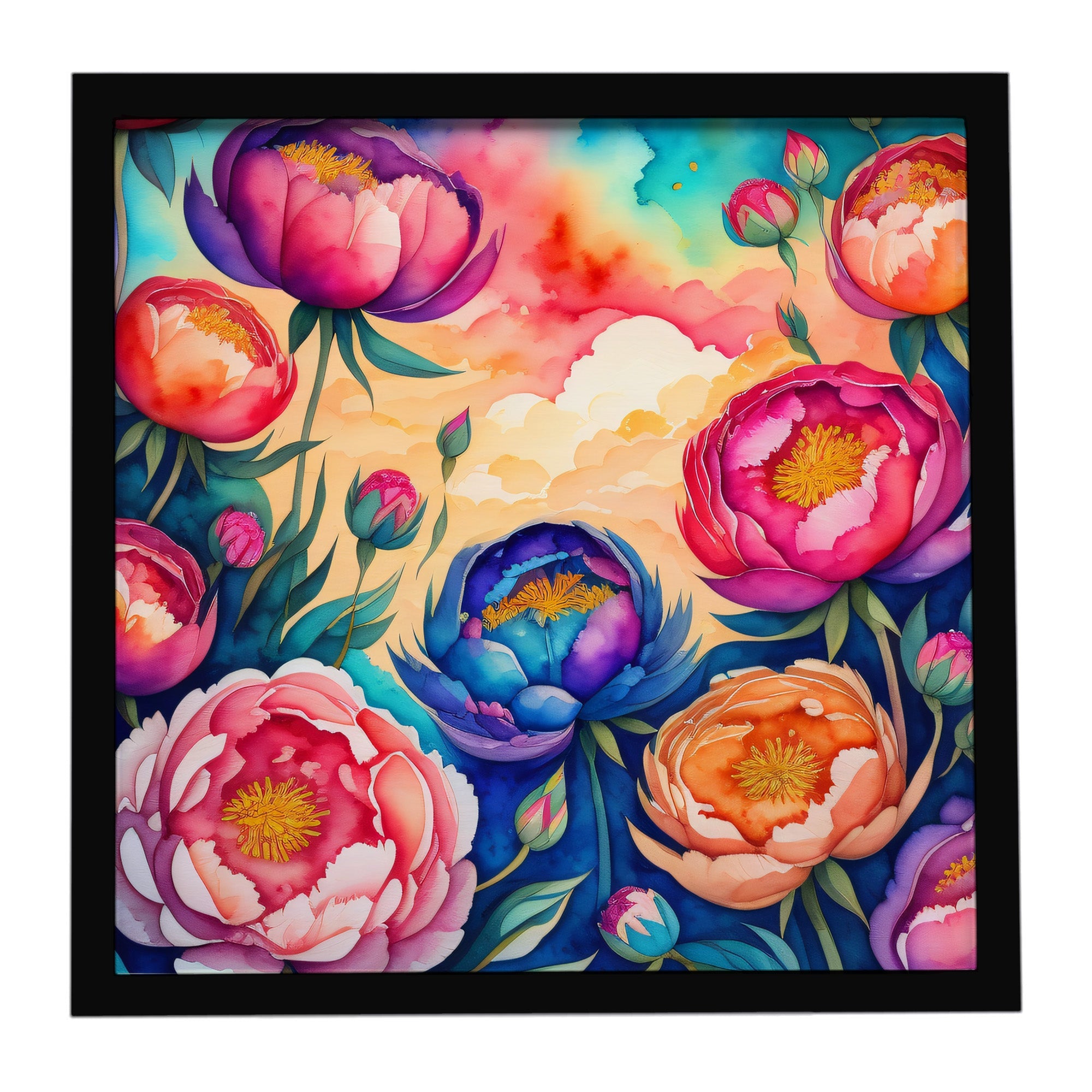 Colorful Peonies Framed Metal Print Bathroom, Kitchen, Office, Home Decor Wall Art Ready to Hang, Square, 8X8
