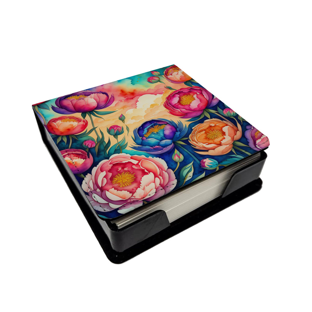 Colorful Peonies PU Leather Note Paper Holder with Artist-Designed Cover, Desk Accessory, Office Gift