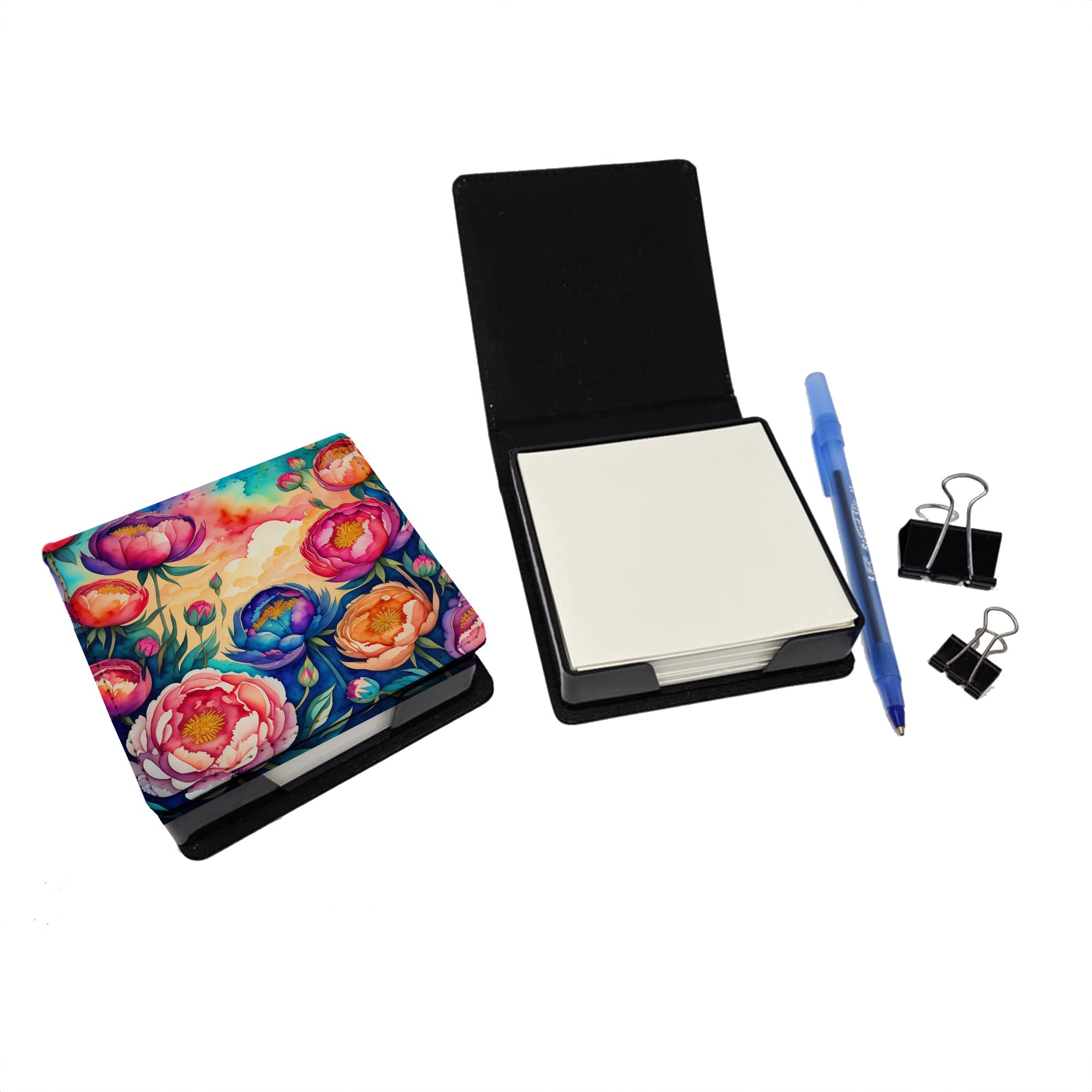 Colorful Peonies PU Leather Note Paper Holder with Artist-Designed Cover, Desk Accessory, Office Gift