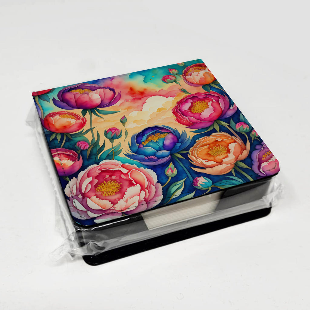 Colorful Peonies PU Leather Note Paper Holder with Artist-Designed Cover, Desk Accessory, Office Gift