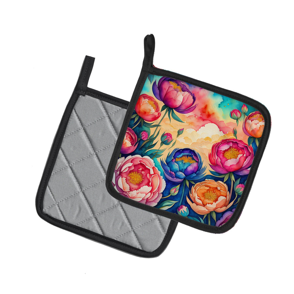 Colorful Peonies Pot Holder Set of 2 Heat Resistant Quilted Hot Pads 7.5 x 7.5 Inch, Insulated Kitchen Trivets for Cooking & Baking