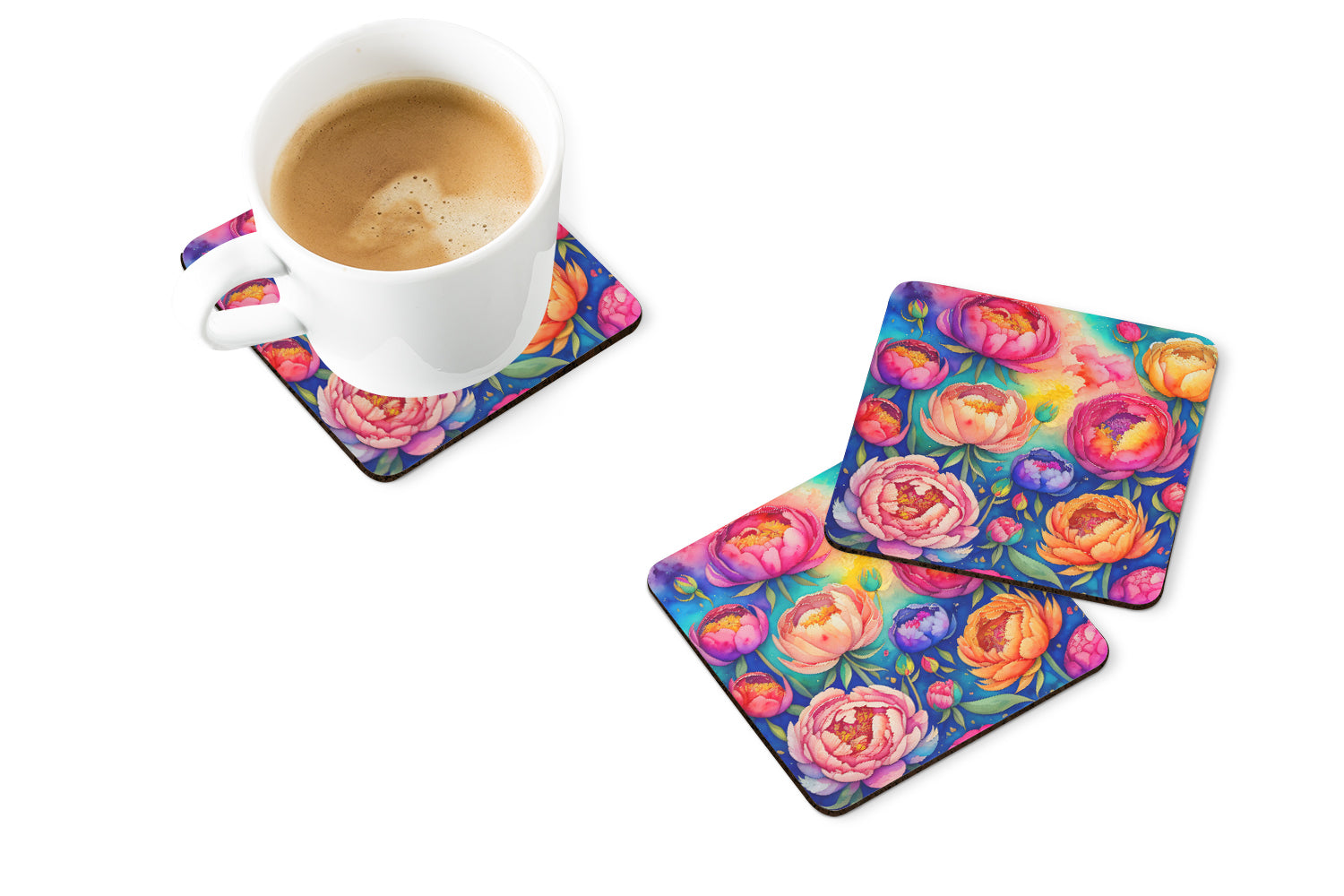 Colorful Peonies Foam Coasters Set of 4 Cup Coasters for Indoor Outdoor, Tabletop Protection, Anti Slip, Mouse pad Material