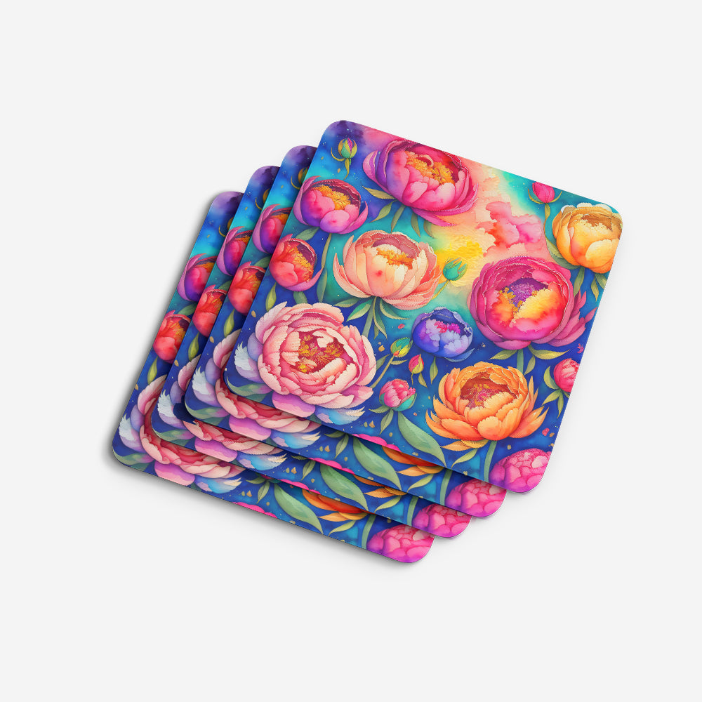 Colorful Peonies Foam Coasters Set of 4 Cup Coasters for Indoor Outdoor, Tabletop Protection, Anti Slip, Mouse pad Material