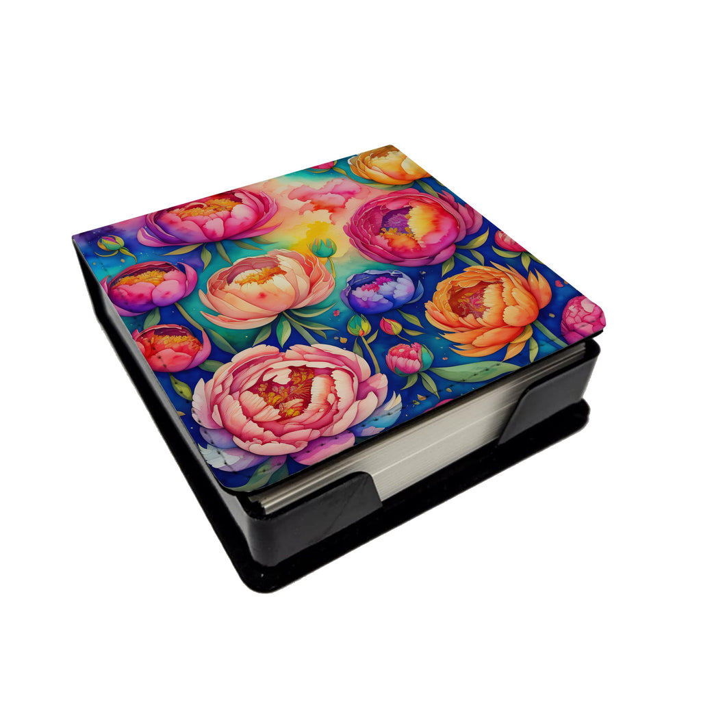 Colorful Peonies PU Leather Note Paper Holder with Artist-Designed Cover, Desk Accessory, Office Gift