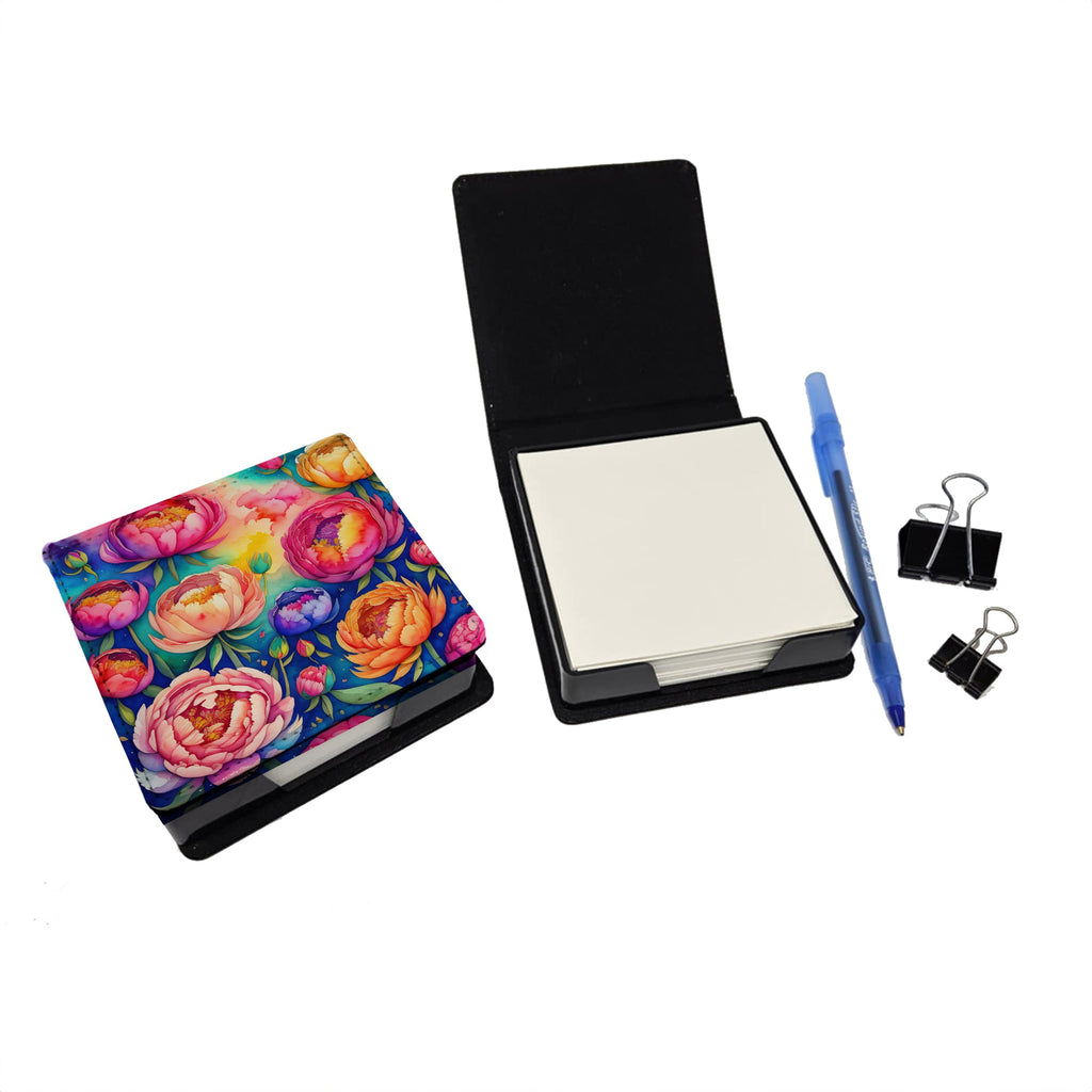 Colorful Peonies PU Leather Note Paper Holder with Artist-Designed Cover, Desk Accessory, Office Gift