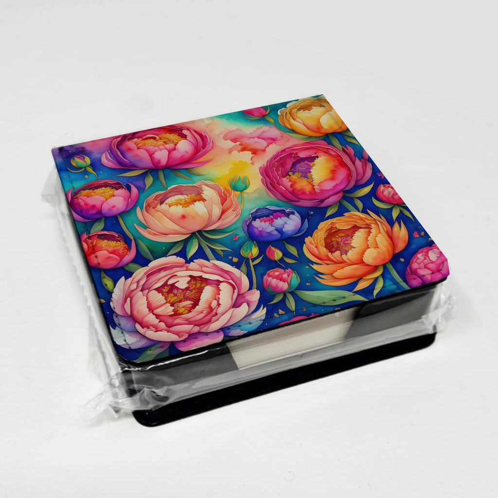 Colorful Peonies PU Leather Note Paper Holder with Artist-Designed Cover, Desk Accessory, Office Gift