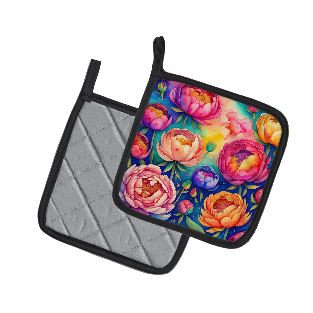 Colorful Peonies Pot Holder Set of 2 Heat Resistant Quilted Hot Pads 7.5 x 7.5 Inch, Insulated Kitchen Trivets for Cooking & Baking