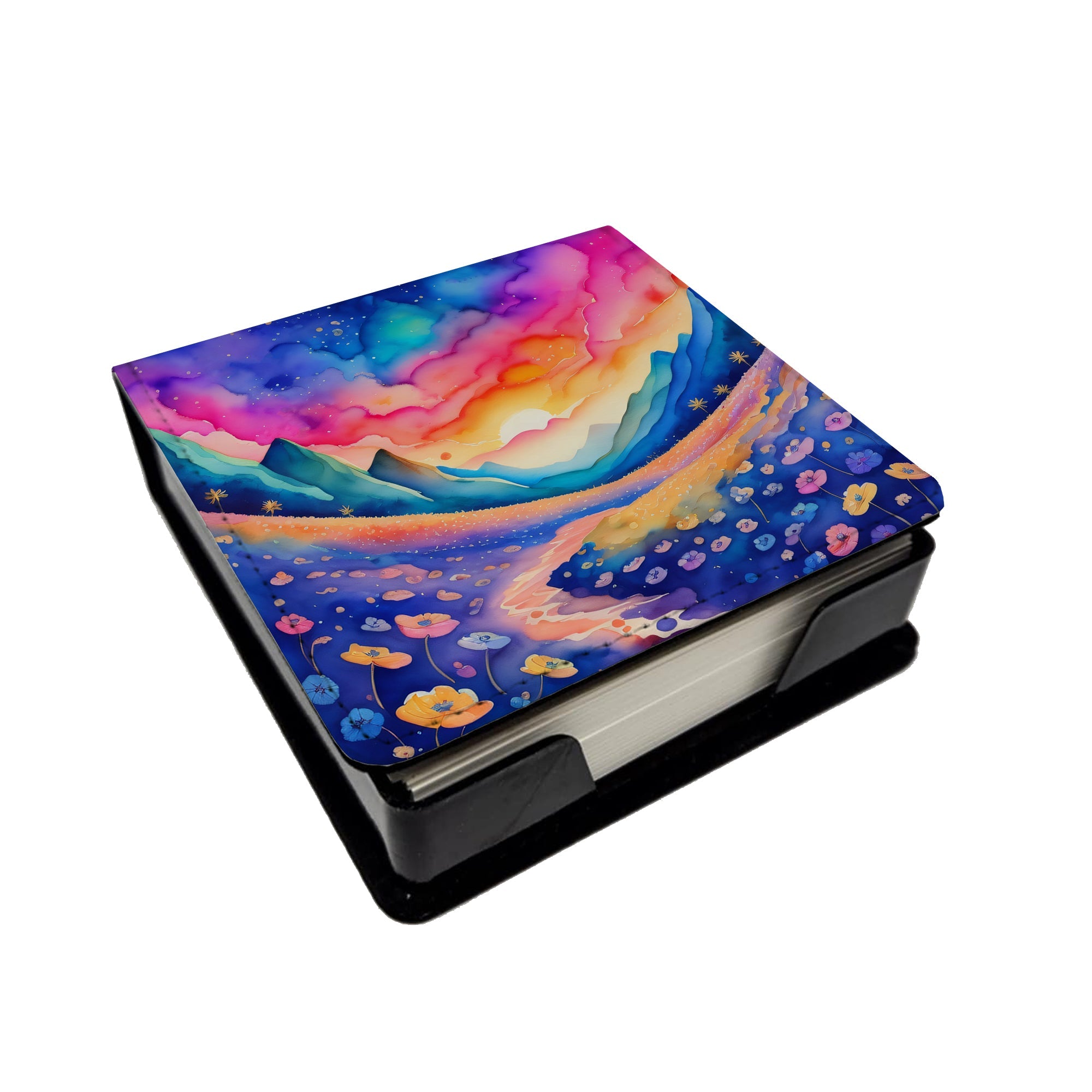 Colorful Periwinkles PU Leather Note Paper Holder with Artist-Designed Cover, Desk Accessory, Office Gift