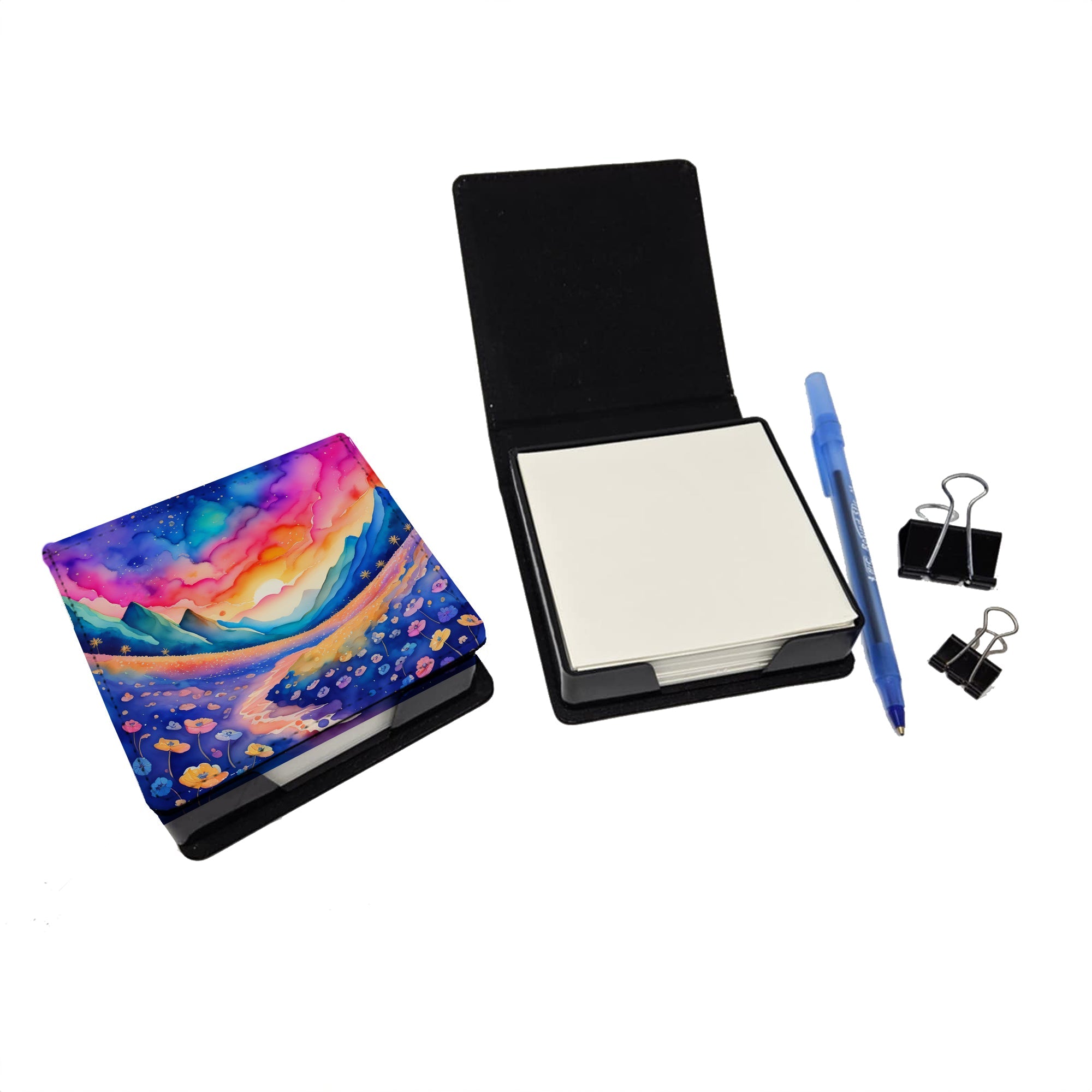Colorful Periwinkles PU Leather Note Paper Holder with Artist-Designed Cover, Desk Accessory, Office Gift