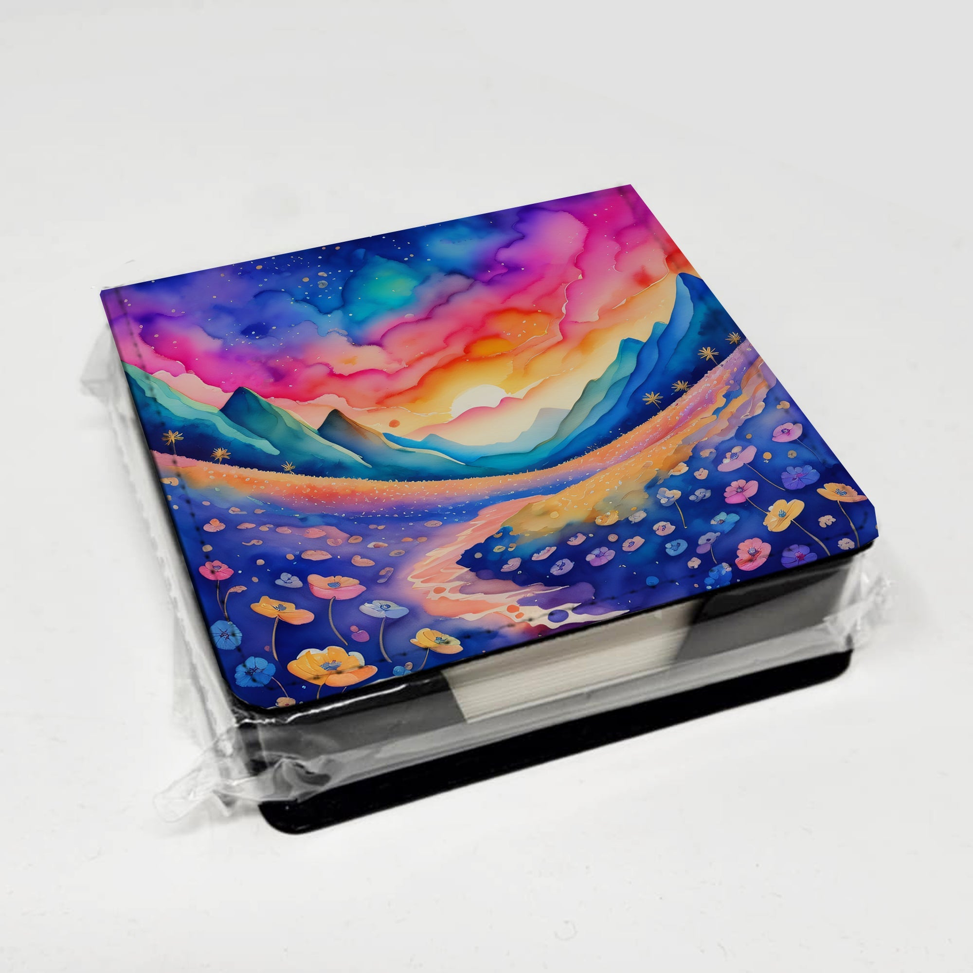 Colorful Periwinkles PU Leather Note Paper Holder with Artist-Designed Cover, Desk Accessory, Office Gift