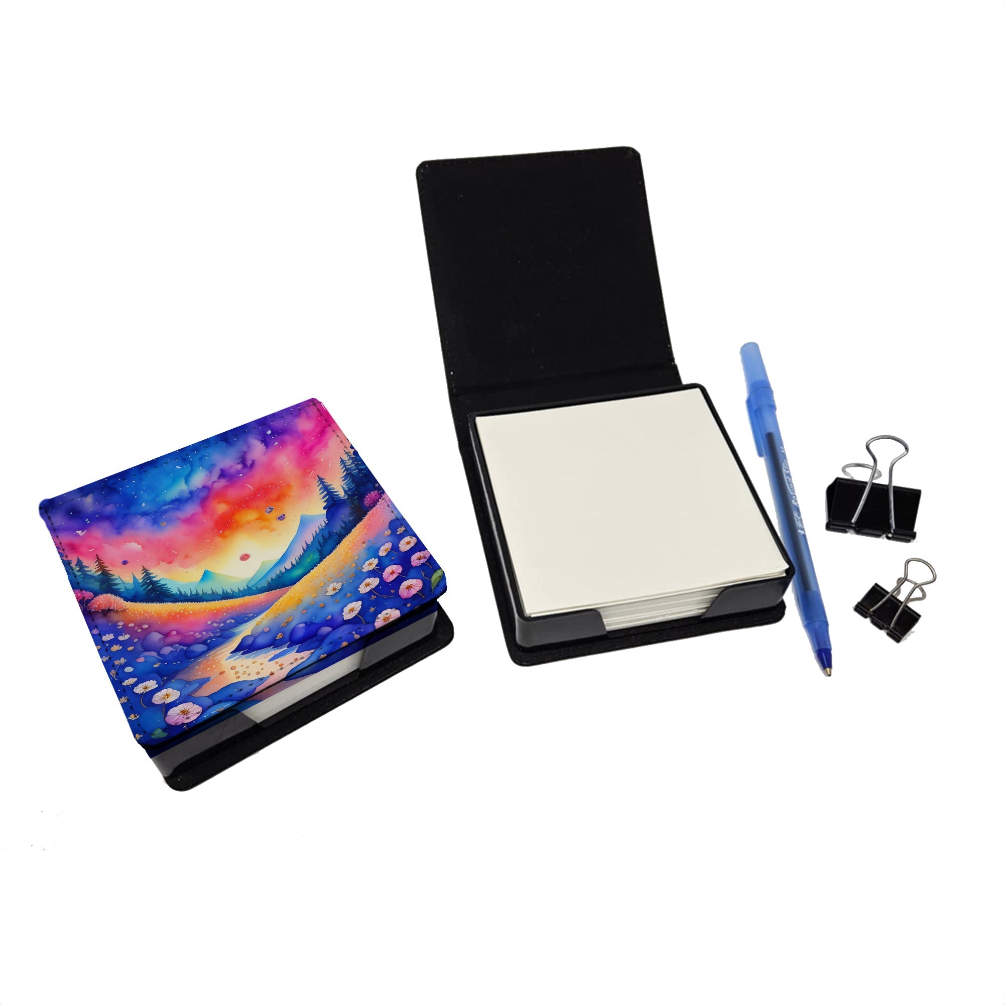Colorful Periwinkles PU Leather Note Paper Holder with Artist-Designed Cover, Desk Accessory, Office Gift