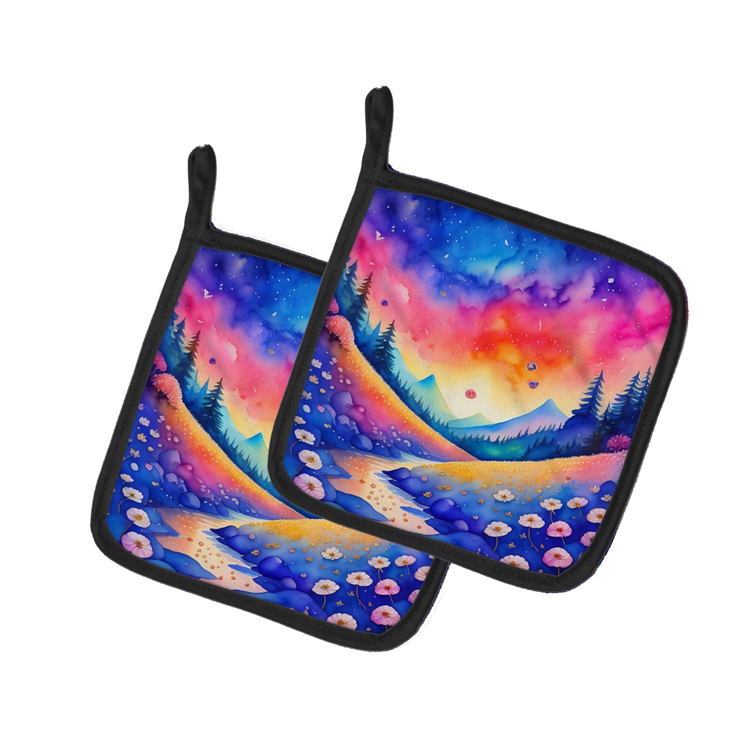 Colorful Periwinkles Pot Holder Set of 2 Heat Resistant Quilted Hot Pads 7.5 x 7.5 Inch, Insulated Kitchen Trivets for Cooking & Baking