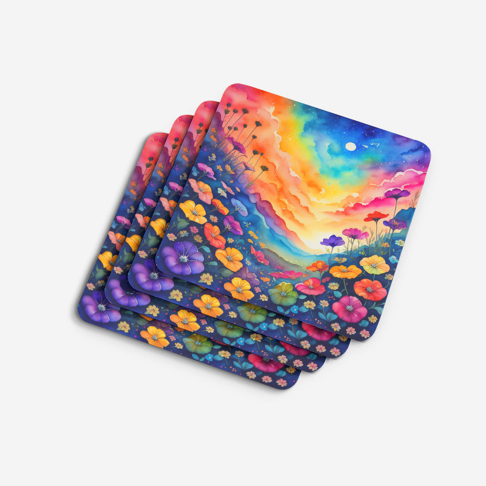 Colorful Petunias Foam Coasters Set of 4 Cup Coasters for Indoor Outdoor, Tabletop Protection, Anti Slip, Mouse pad Material