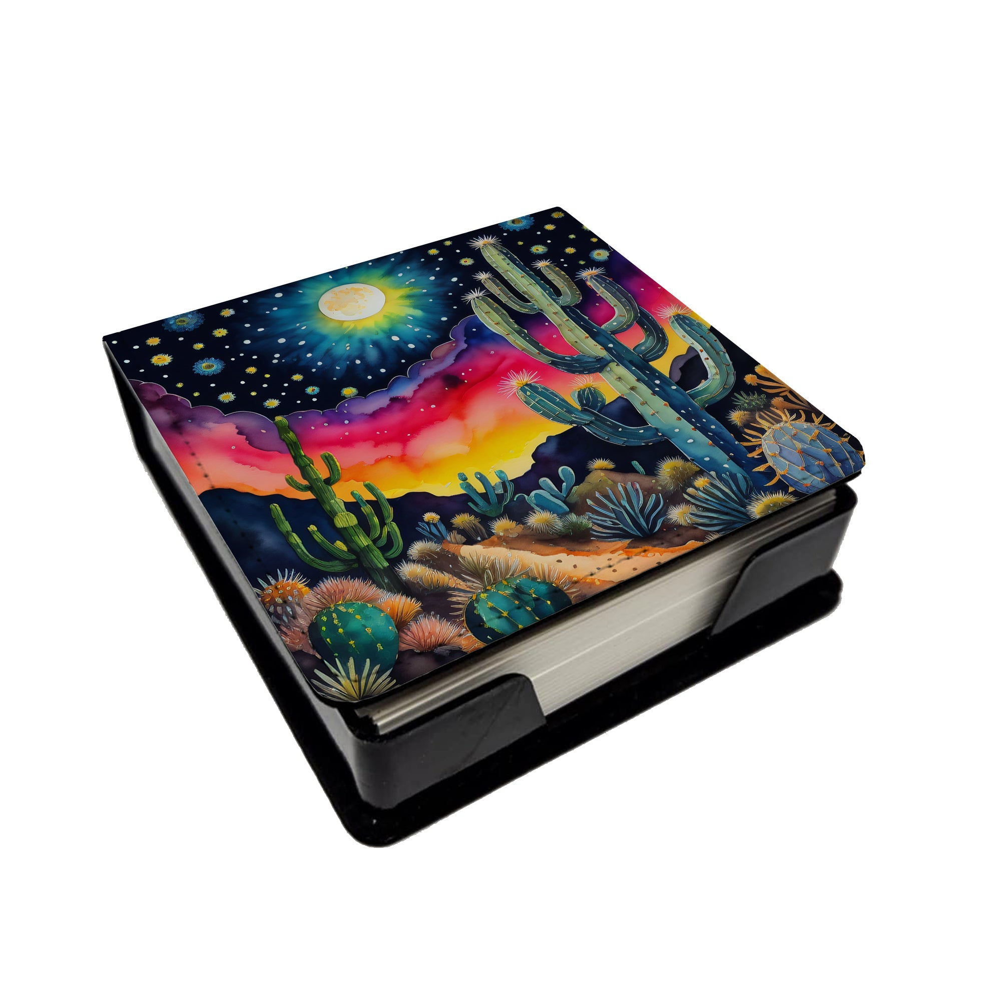 Colorful Queen of the Night Cactus PU Leather Note Paper Holder with Artist-Designed Cover, Desk Accessory, Office Gift