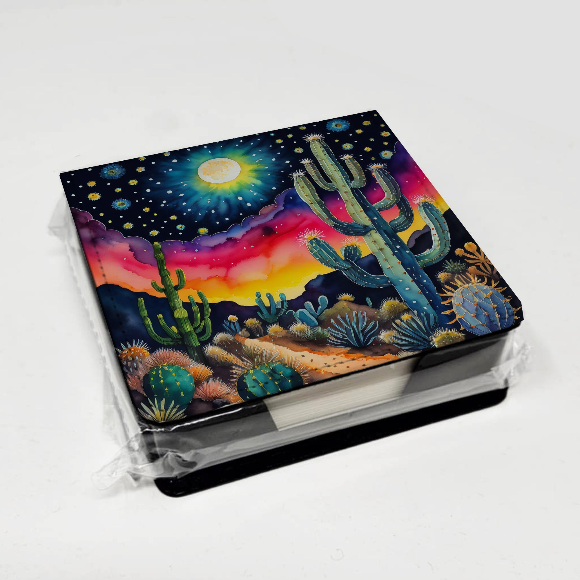 Colorful Queen of the Night Cactus PU Leather Note Paper Holder with Artist-Designed Cover, Desk Accessory, Office Gift