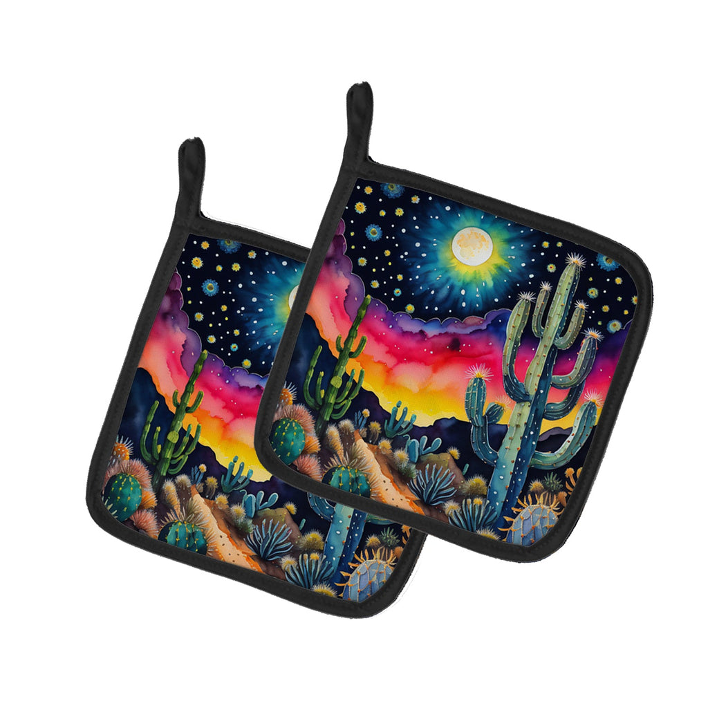 Colorful Queen of the Night Cactus Pot Holder Set of 2 Heat Resistant Quilted Hot Pads 7.5 x 7.5 Inch, Insulated Kitchen Trivets for Cooking & Baking