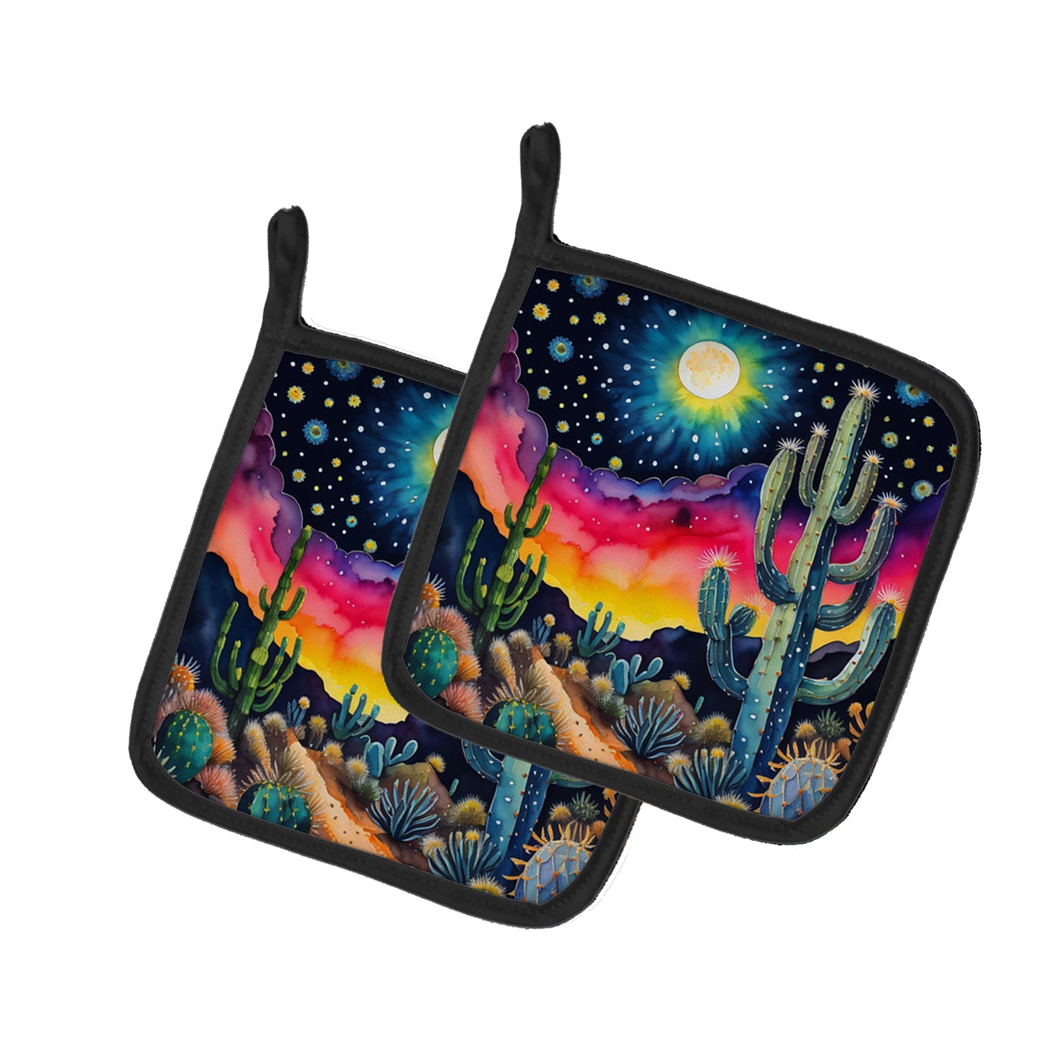 Colorful Queen of the Night Cactus Pot Holder Set of 2 Heat Resistant Quilted Hot Pads 7.5 x 7.5 Inch, Insulated Kitchen Trivets for Cooking & Baking